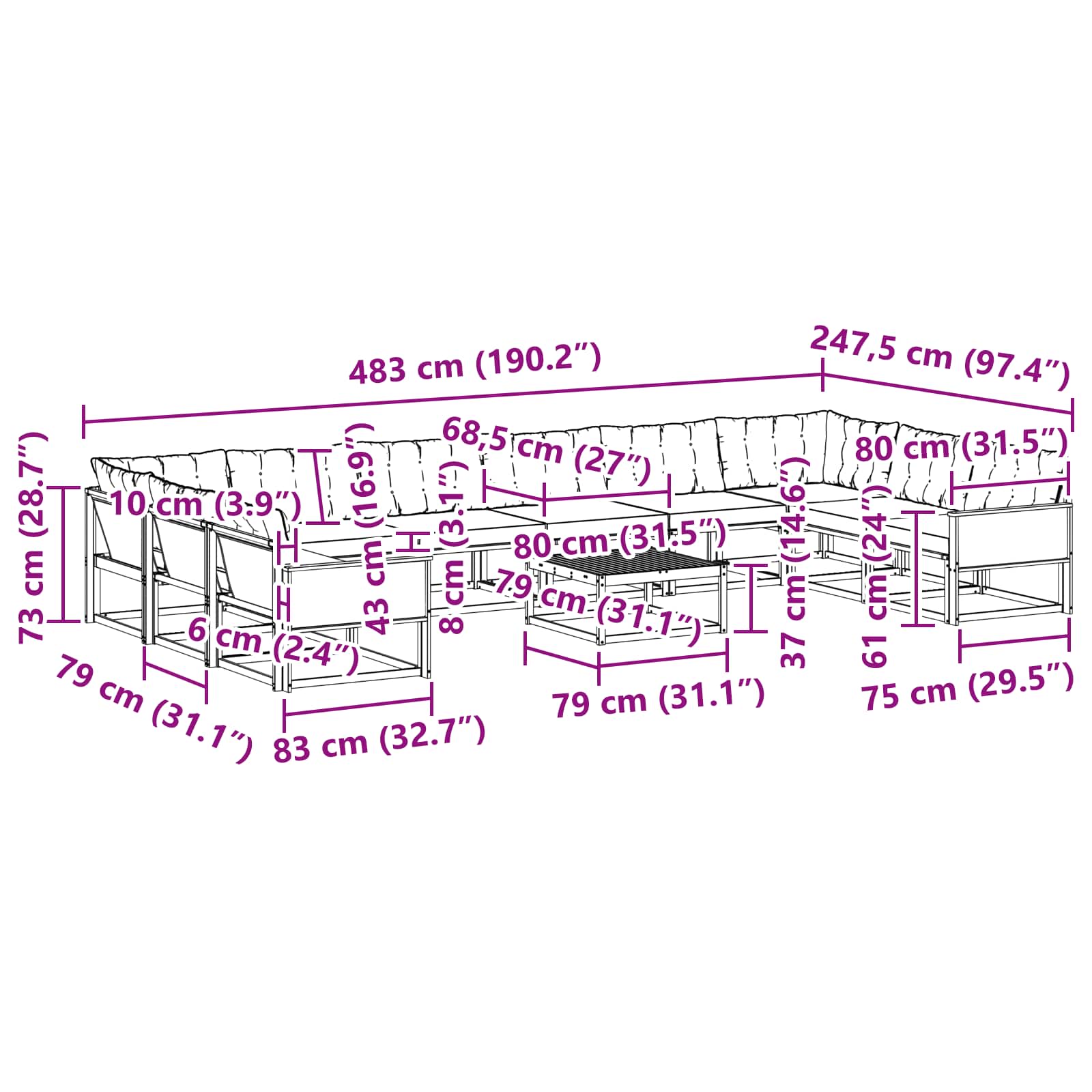 Set vanjskih sofa s jastukom 11 pcs Prirodna i crna