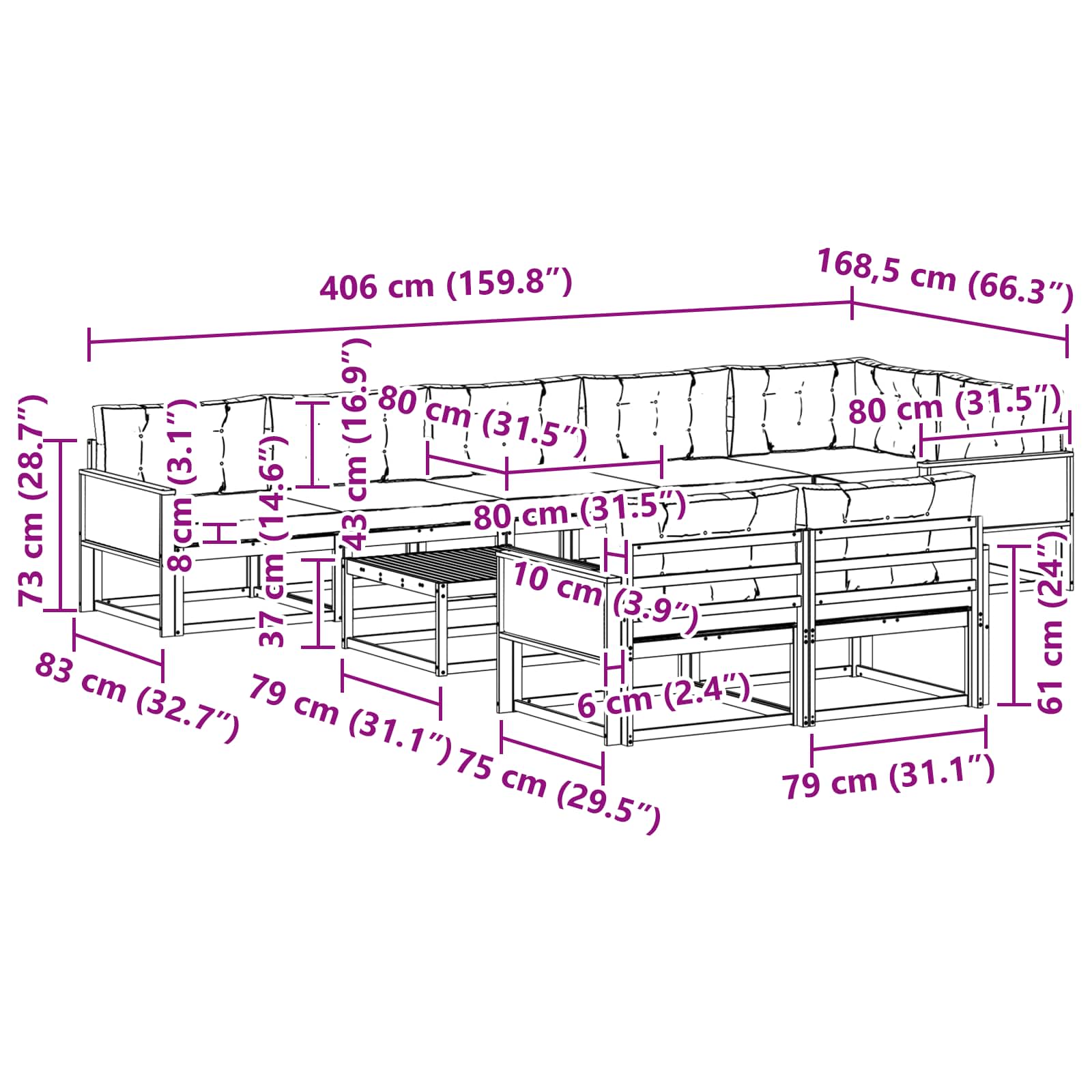 Set vanjskih sofa 9 pcs Prirodna i Svjetlosiva