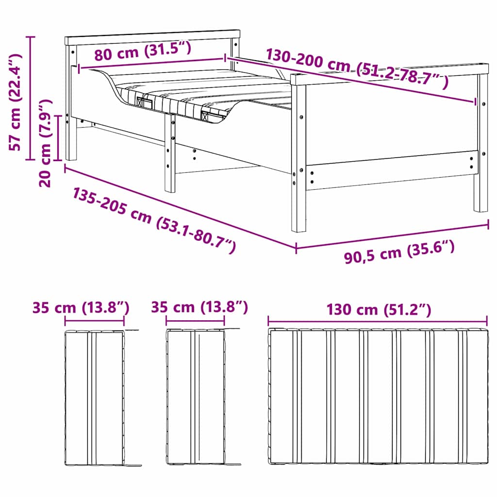 Okvir kreveta s produžetnim madracem Smeđa 80 x 200 cm