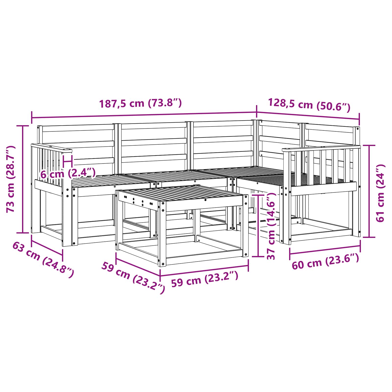 Set vanjskih sofa 5 pcs Bijela 59 x 59 x 37 cm