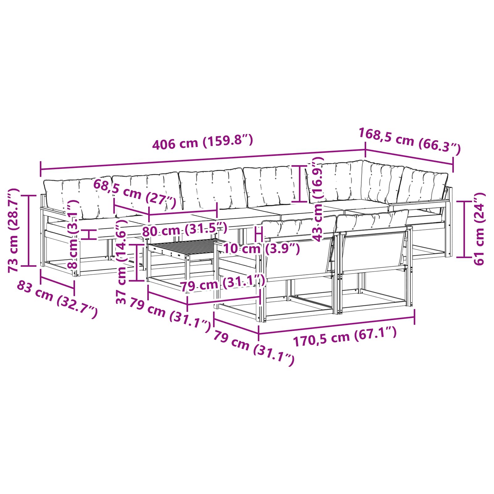 Set vanjskih sofa 9 pcs Bijela i svjetlosiva 79 x 79 x 37 cm