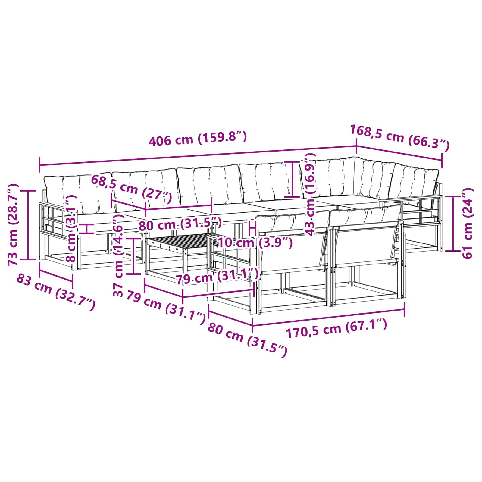 Set vanjskih sofa 9 pcs Bijela i svjetlosiva 79 x 79 x 37 cm