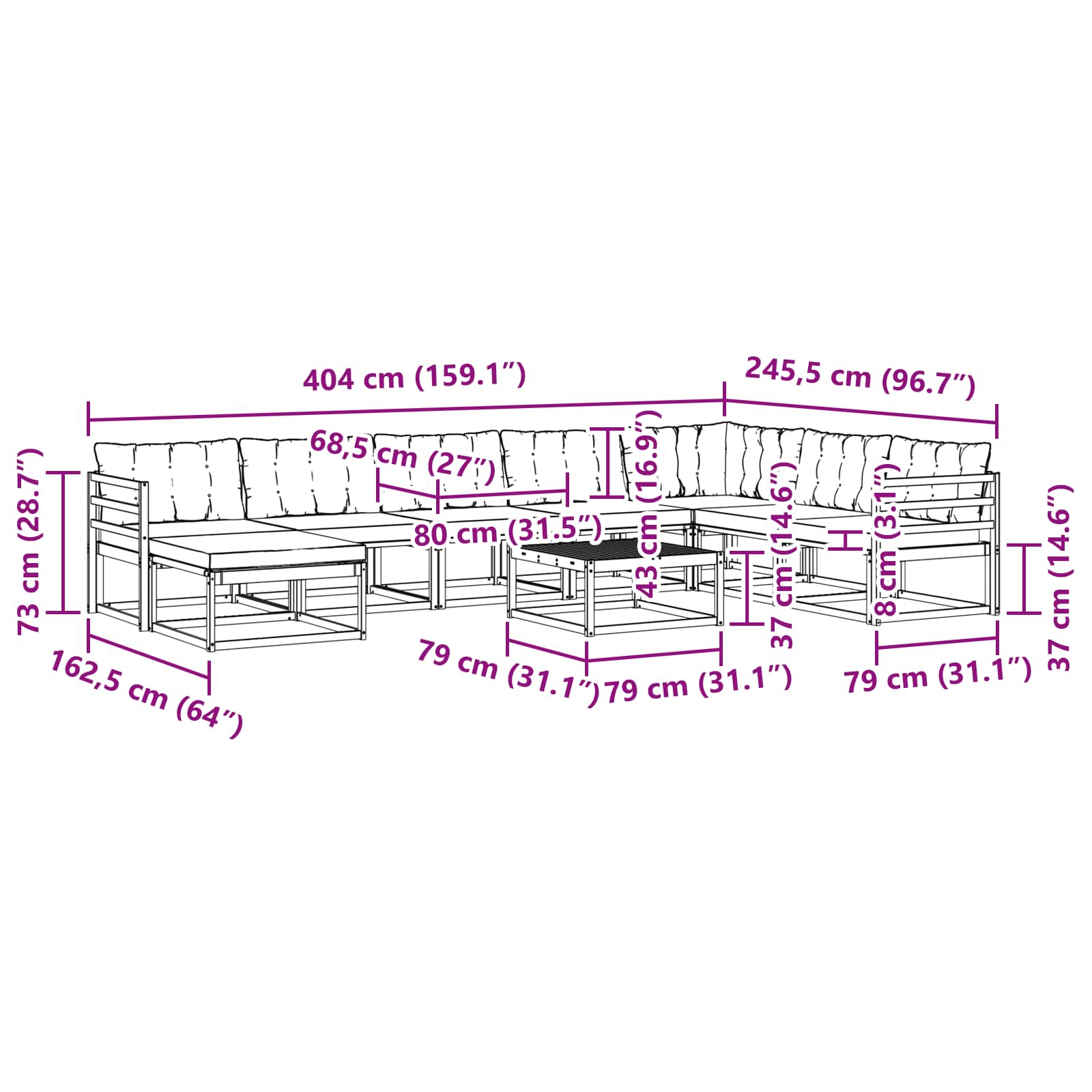Set vanjskih sofa 9 pcs Bijela i crna Čvrsto drvo akacije