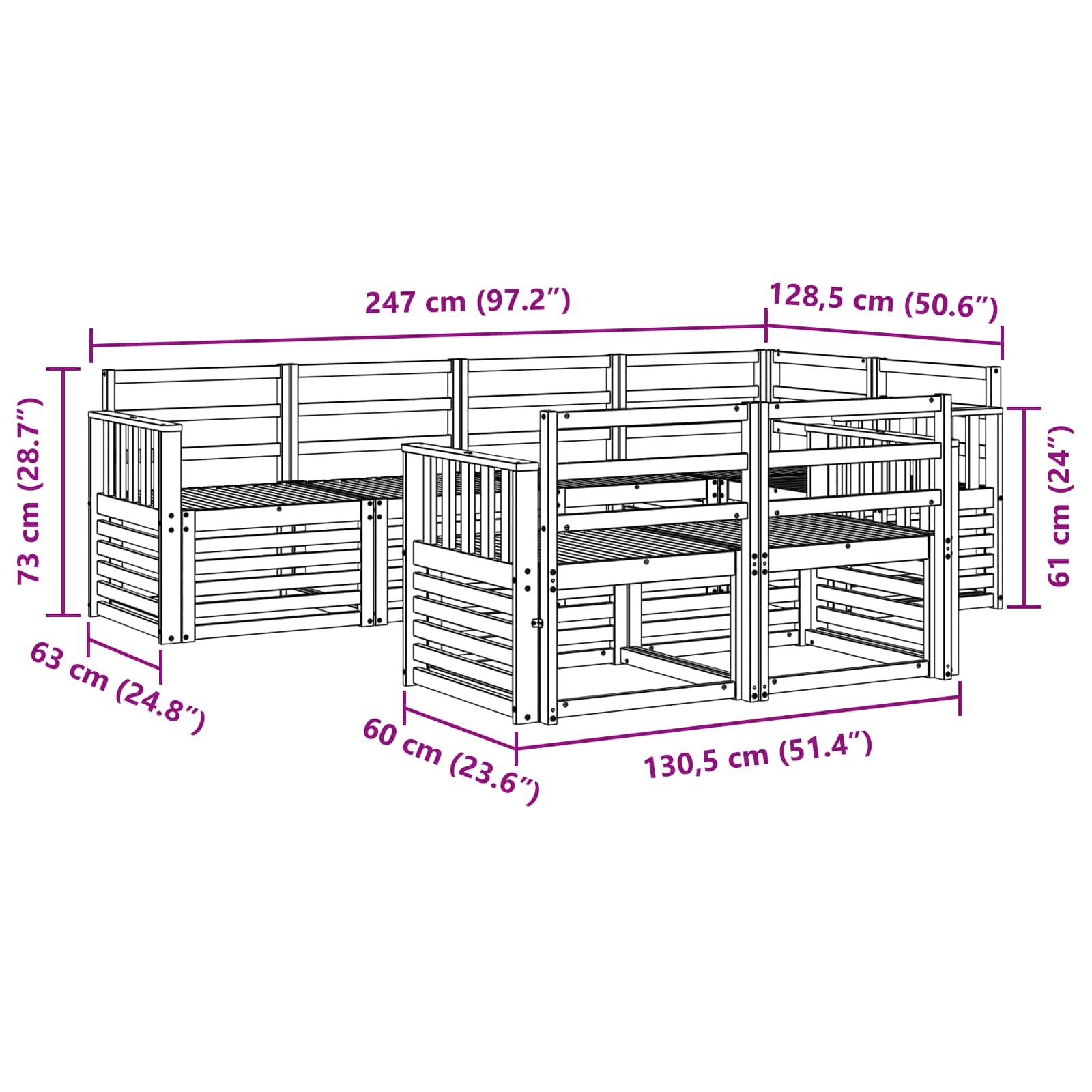 Set vanjskih sofa 7 pcs Bijela 247 x 128,5 x 73 cm