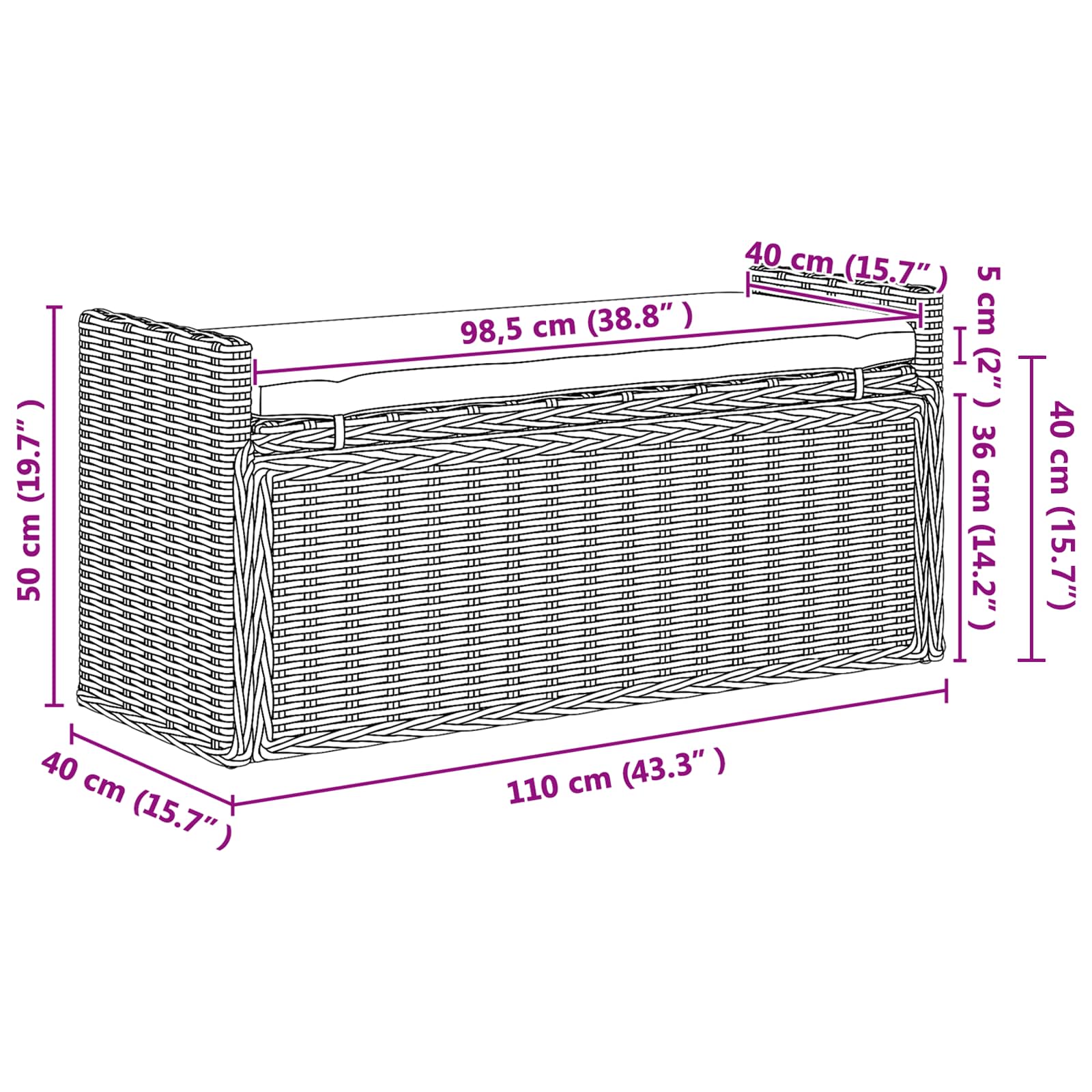 Klupa za pohranu s jastukom Siva 110 x 40 x 50 cm Ratan