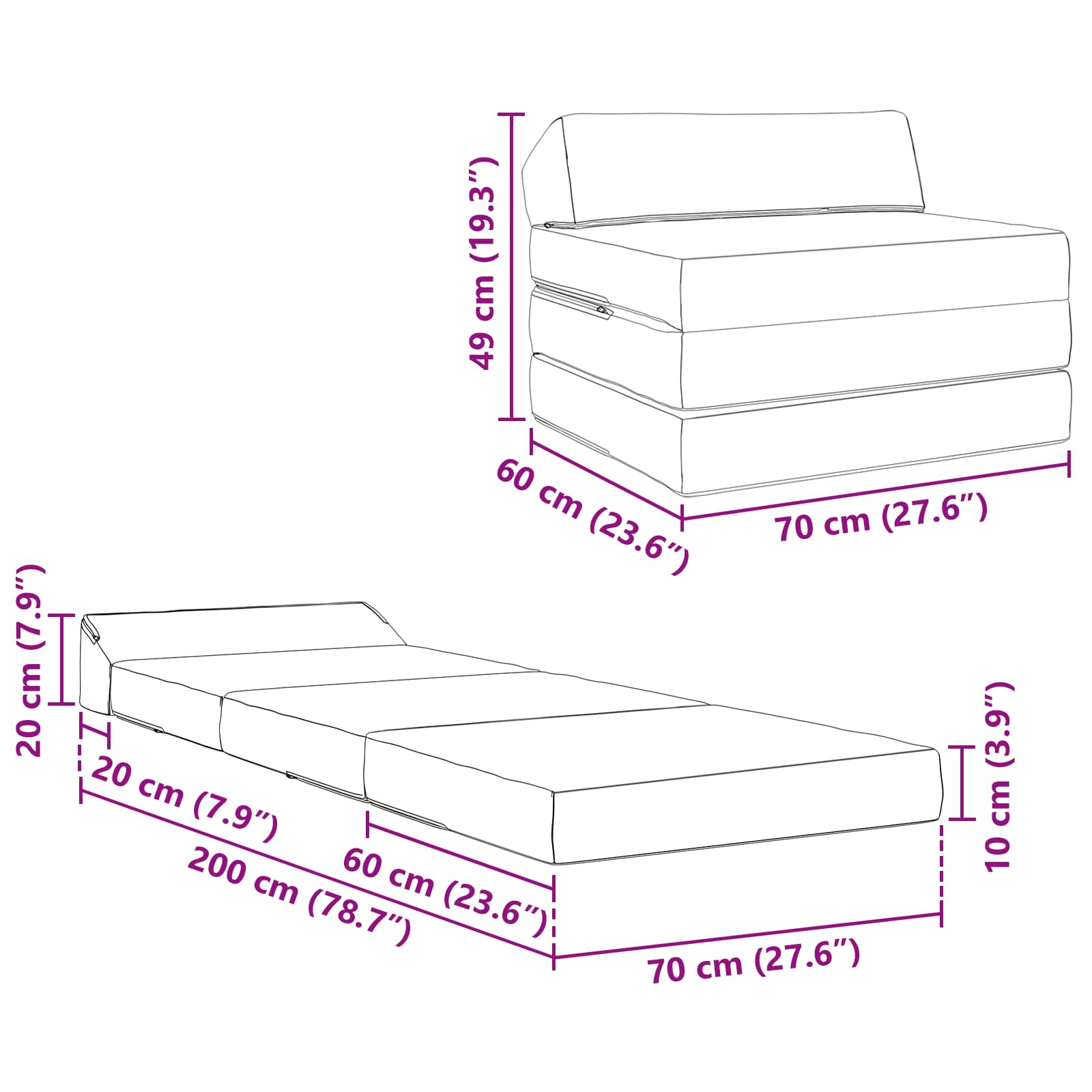 Sofa na razvlačenje Sivosmeđa 200 x 70 x 10 cm Tkanina