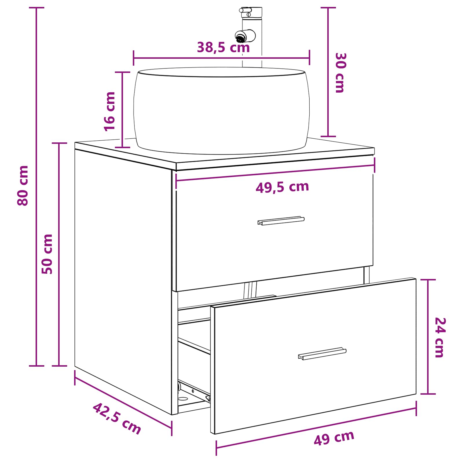 Umivaonik s policom Crni hrast 49,5 x 44,5 x 66 cm