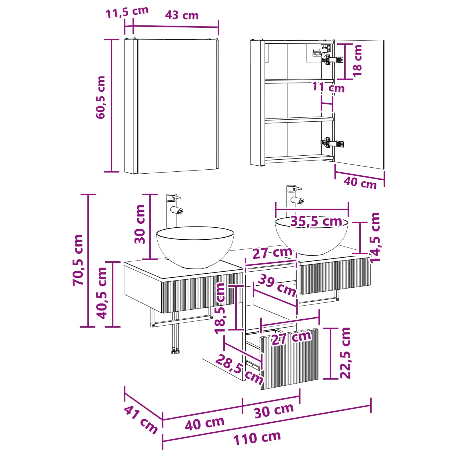 Set ormarića za kupaonicu 5 pcs Bijela 43 x 11,5 x 60,5 cm