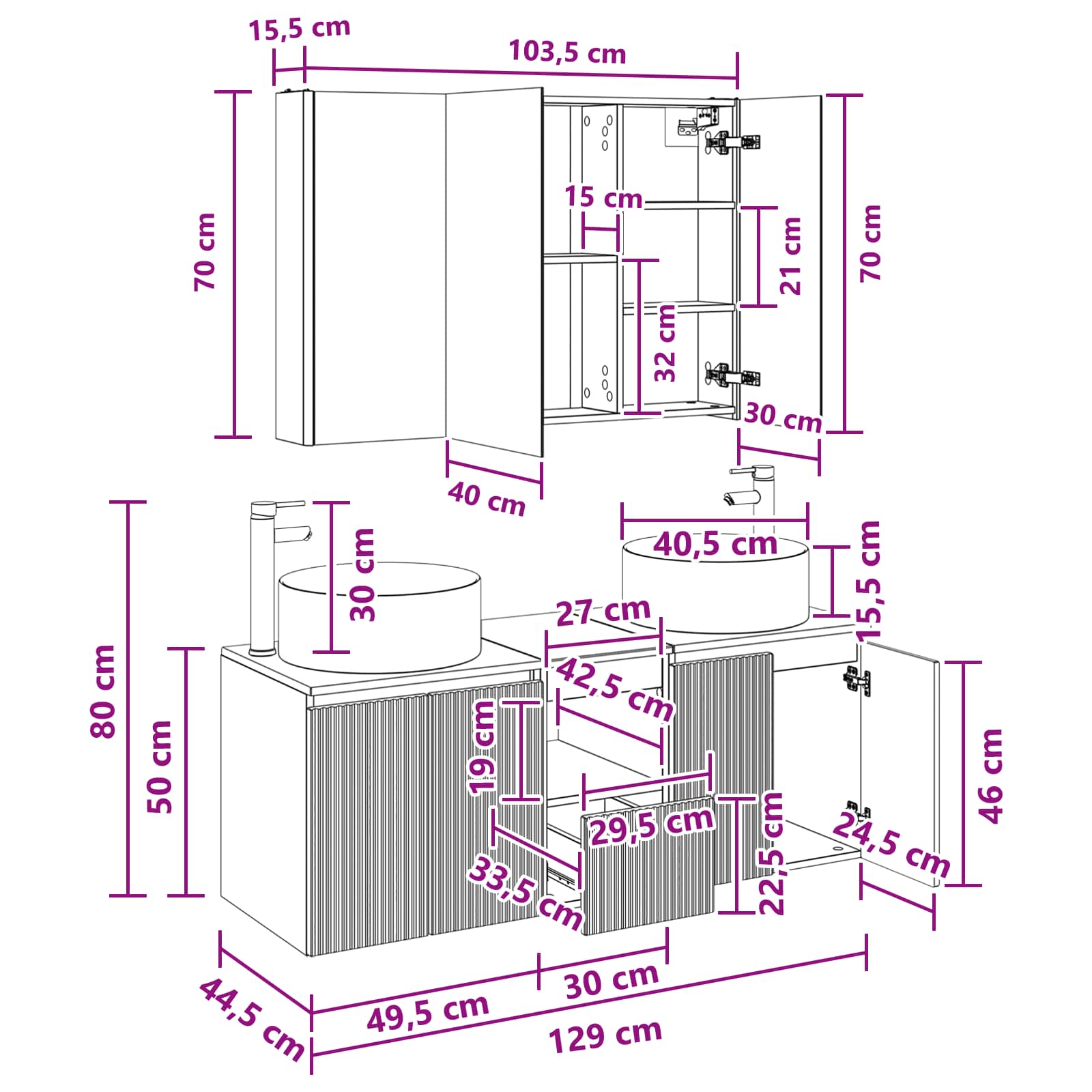 Set ormarića za kupaonicu 4 pcs Bijela 103,5 x 15,5 x 70 cm