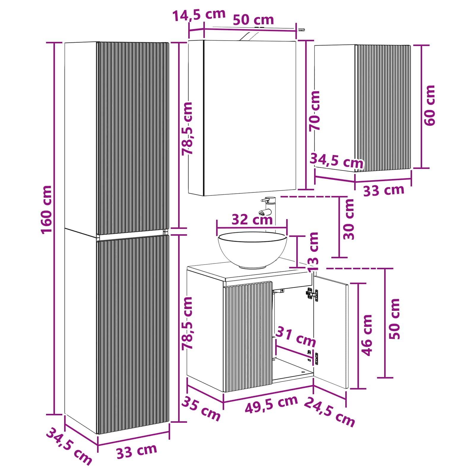 Set ormarića za kupaonicu 5 pcs Betonska siva 50 x 14,5 x 70 cm