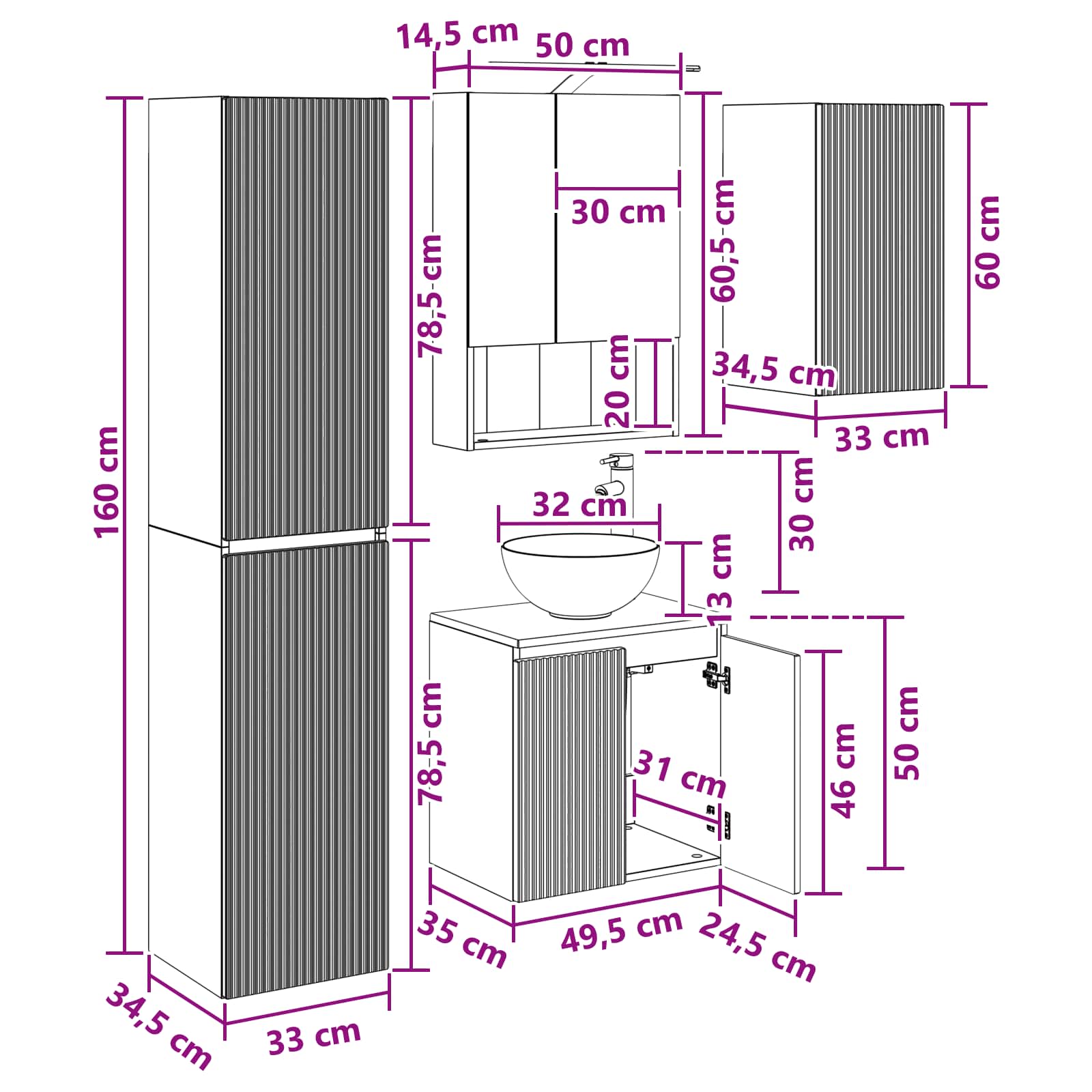 Set ormarića za kupaonicu 5 pcs Betonska siva 50 x 14,5 x 70 cm