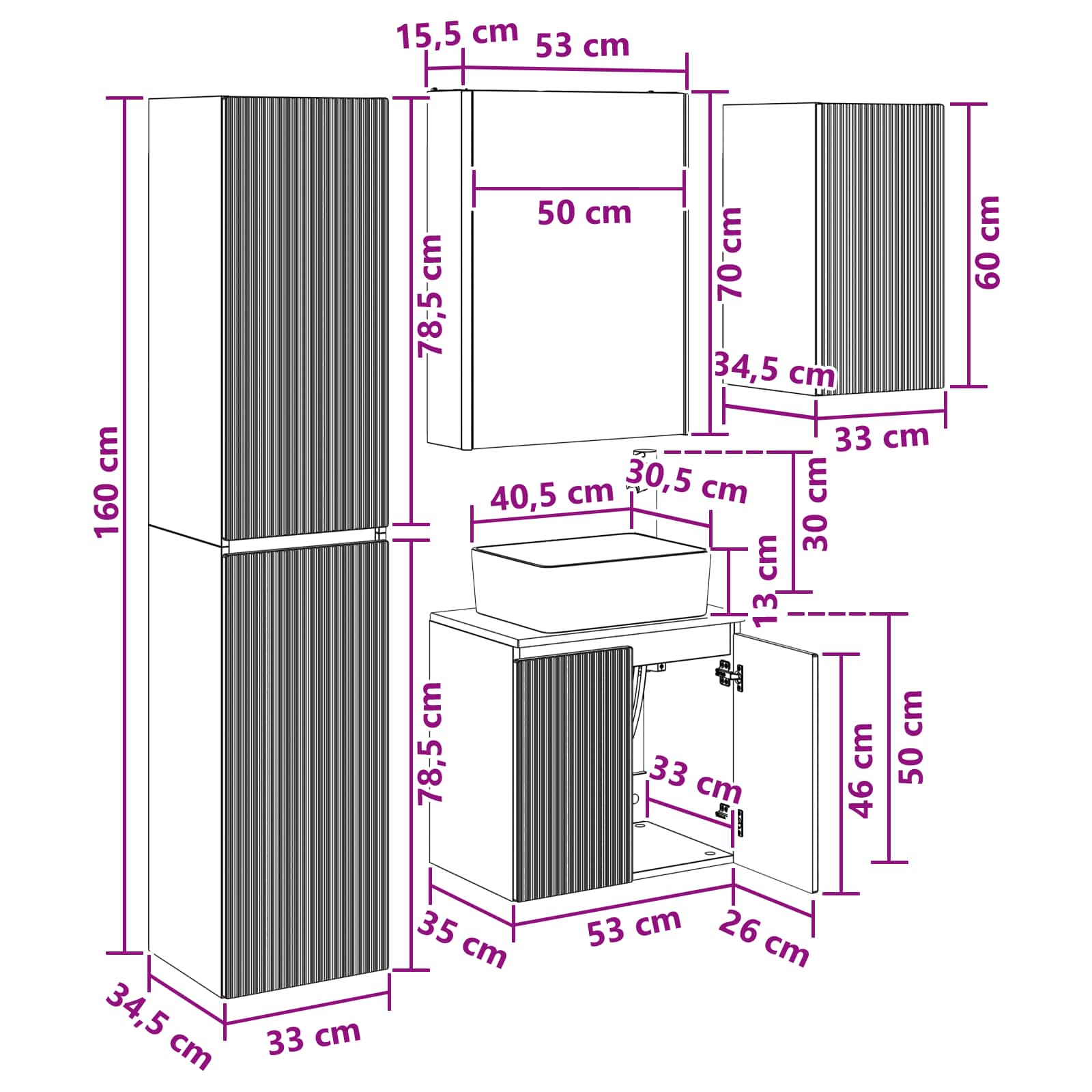 Set ormarića za kupaonicu 5 pcs Bijela 53 x 15,5 x 70 cm