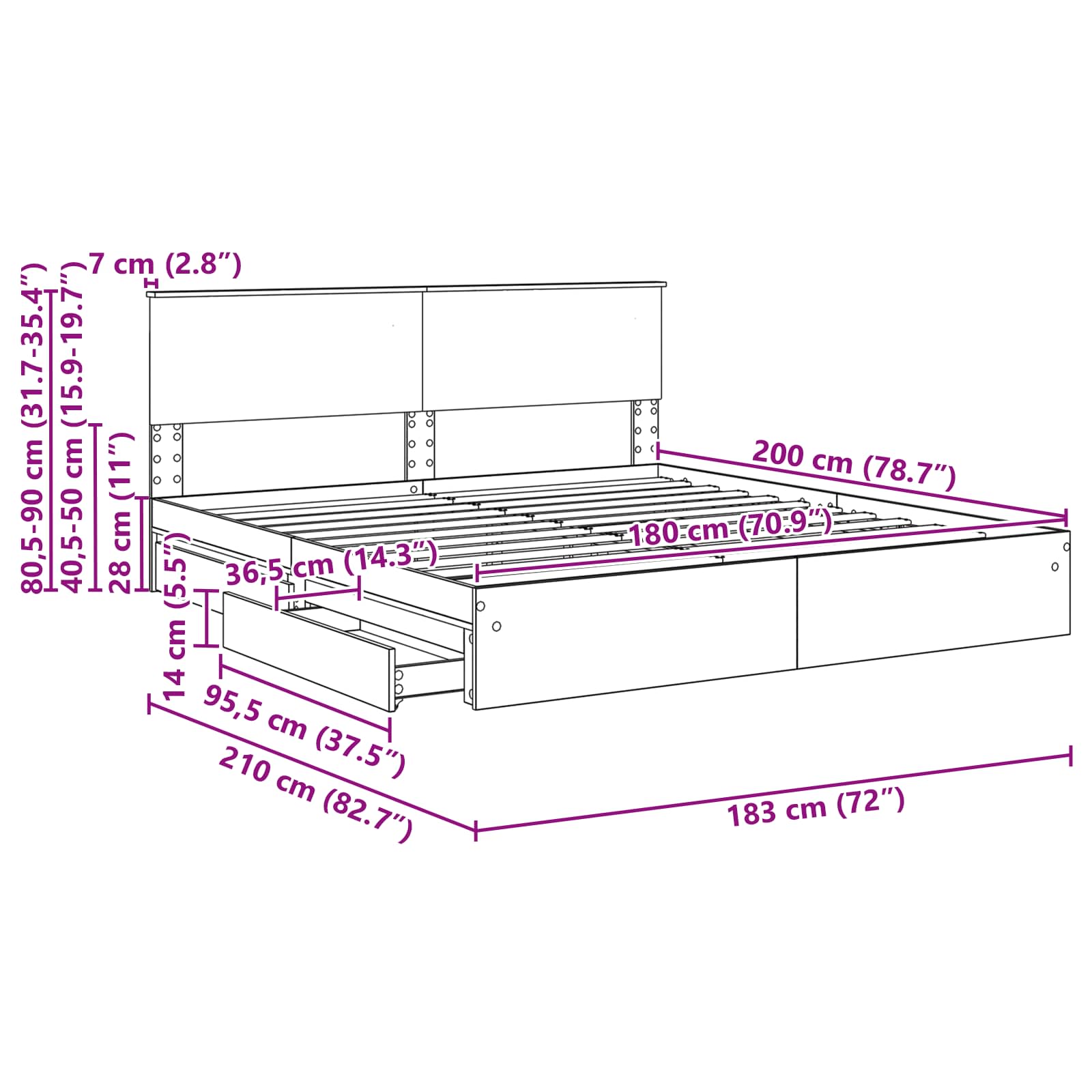Krevet s od storage s uzglavljem Dimljeni hrast 180 x 200 cm