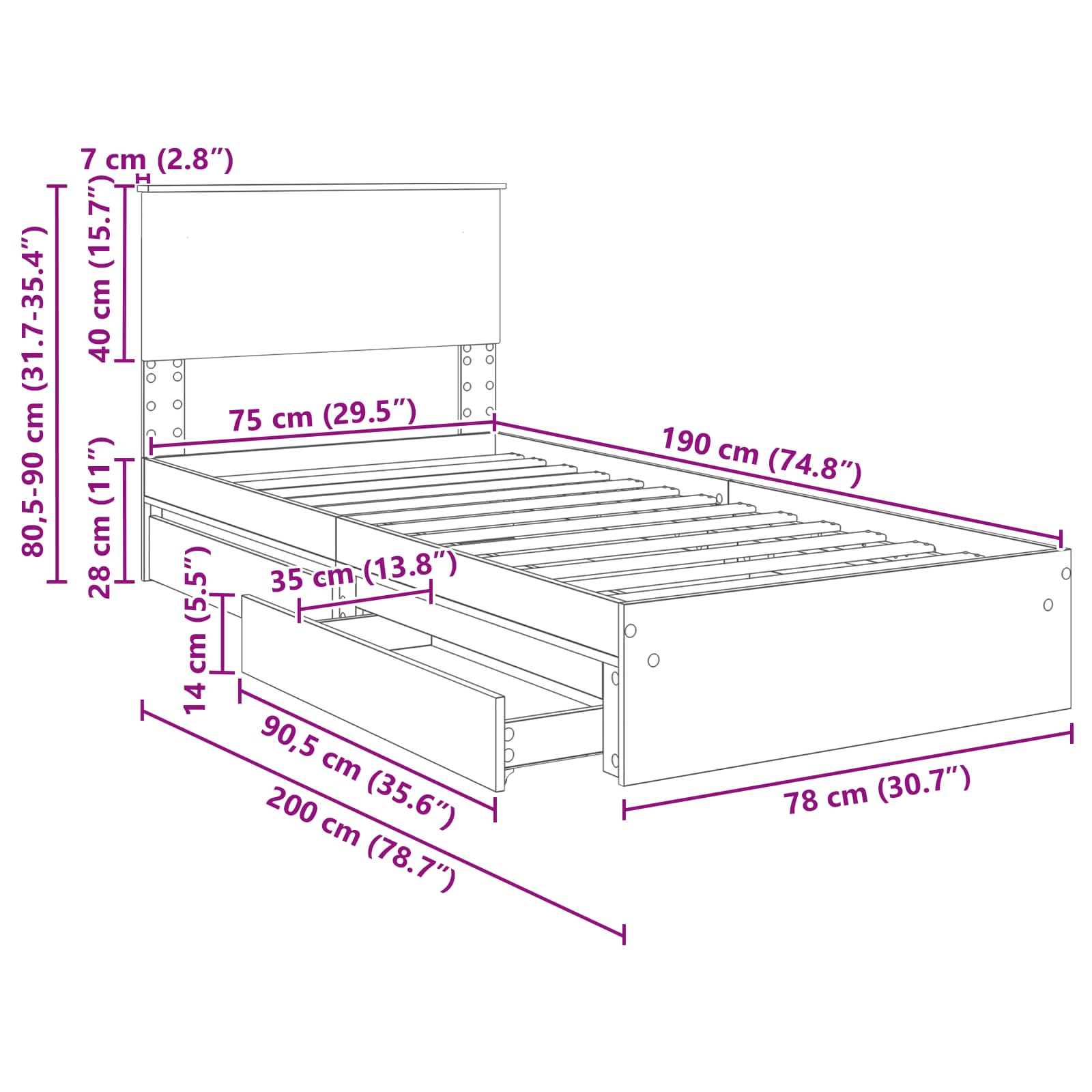 Krevet s od storage Betonski sivi 70 x 190 cm Konstruirano drvo