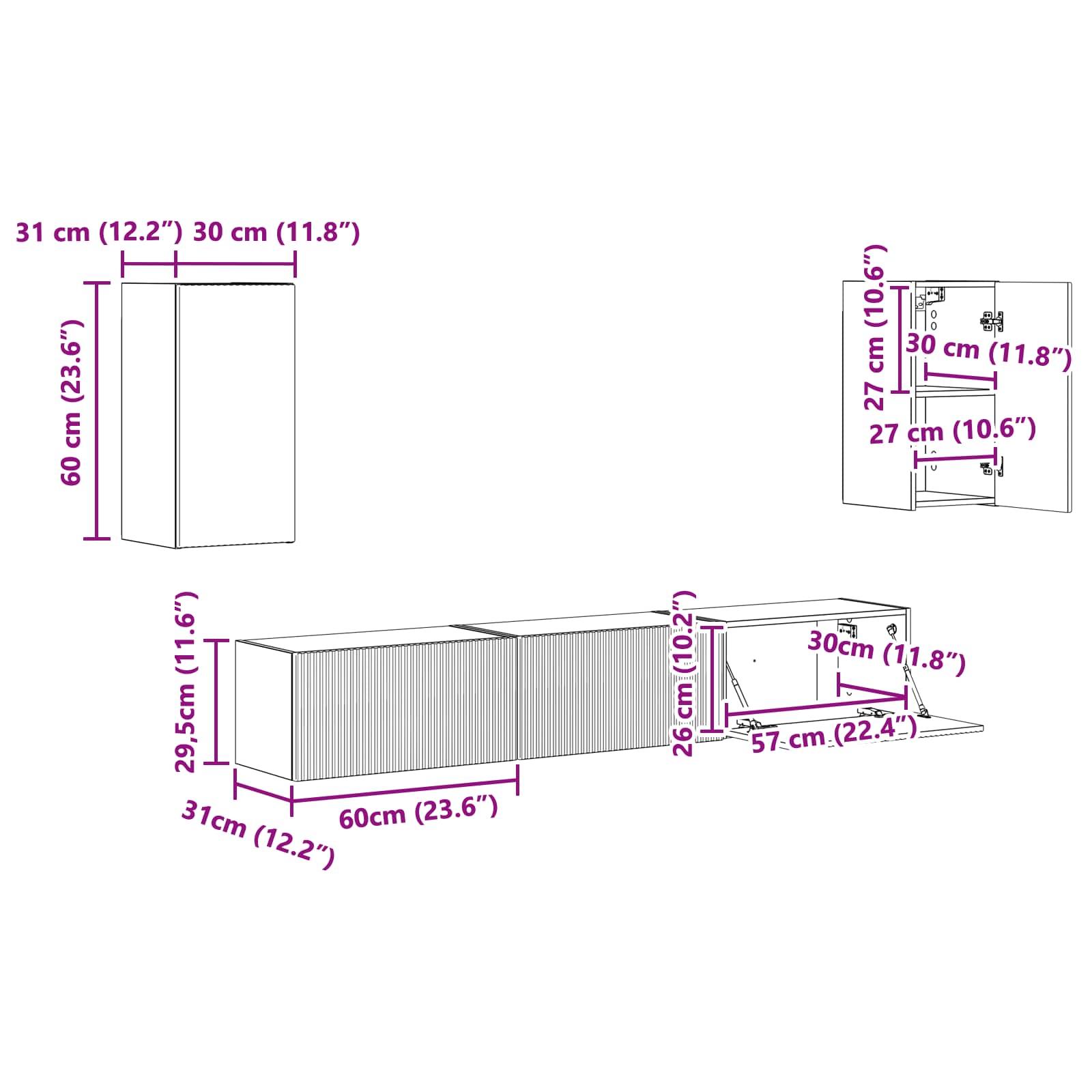 Set TV komoda Zidne 5 pcs Betonski sivi Konstruirano drvo