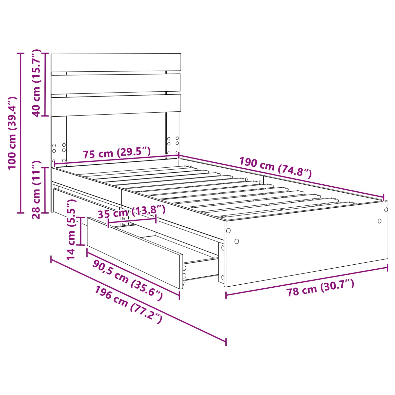 Krevet s od storage Betonski sivi 70 x 190 cm Konstruirano drvo