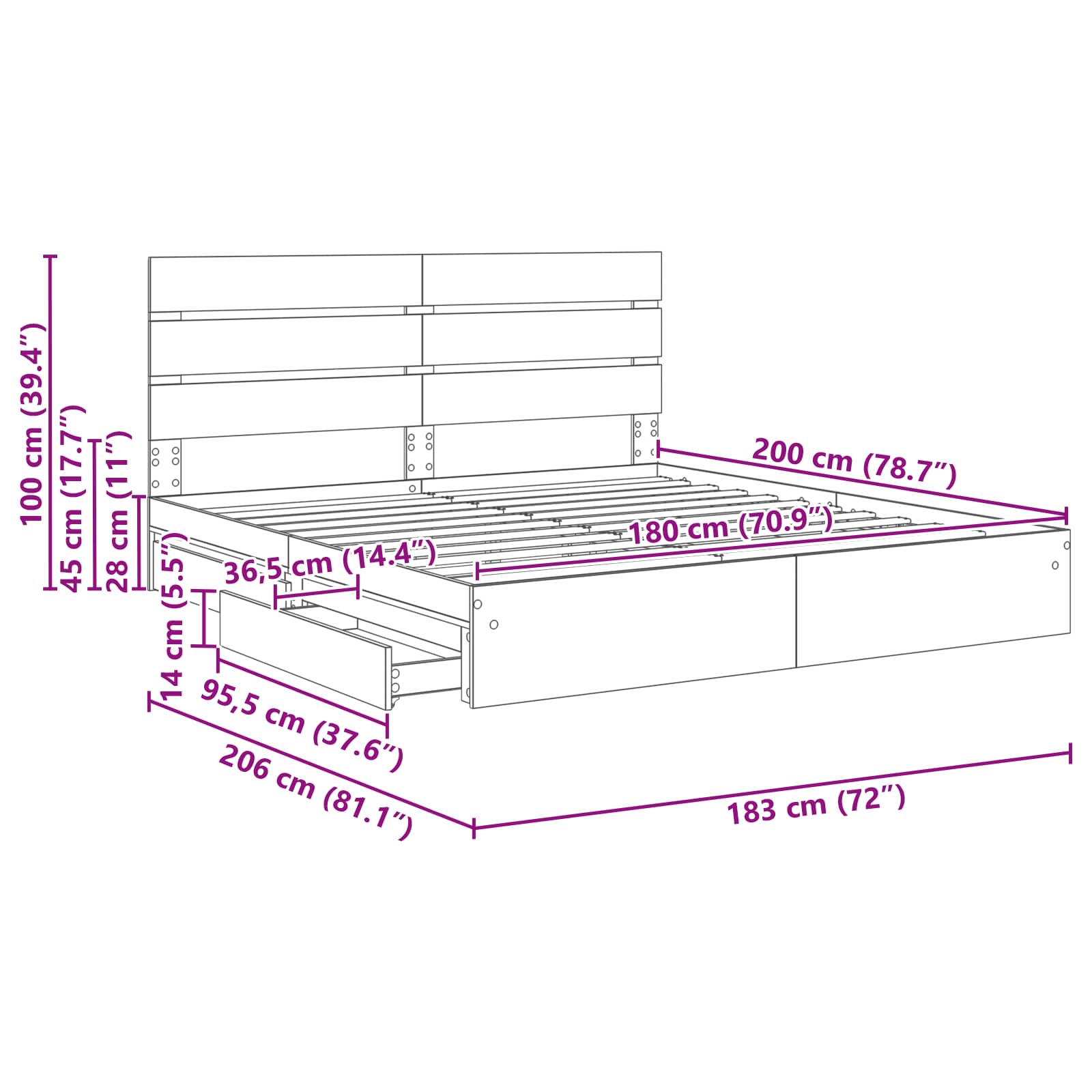 Krevet s od storage s uzglavljem Dimljeni hrast 180 x 200 cm