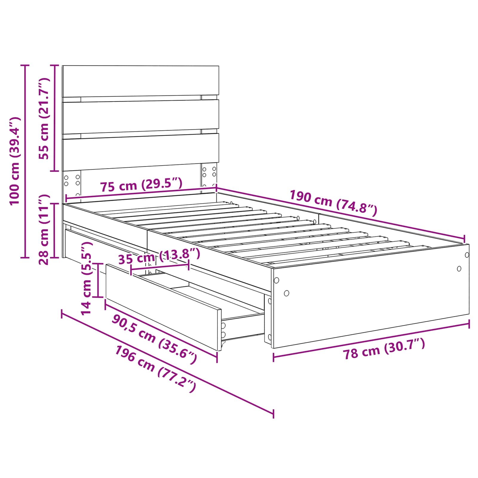 Krevet s od storage Betonski sivi 70 x 190 cm Konstruirano drvo