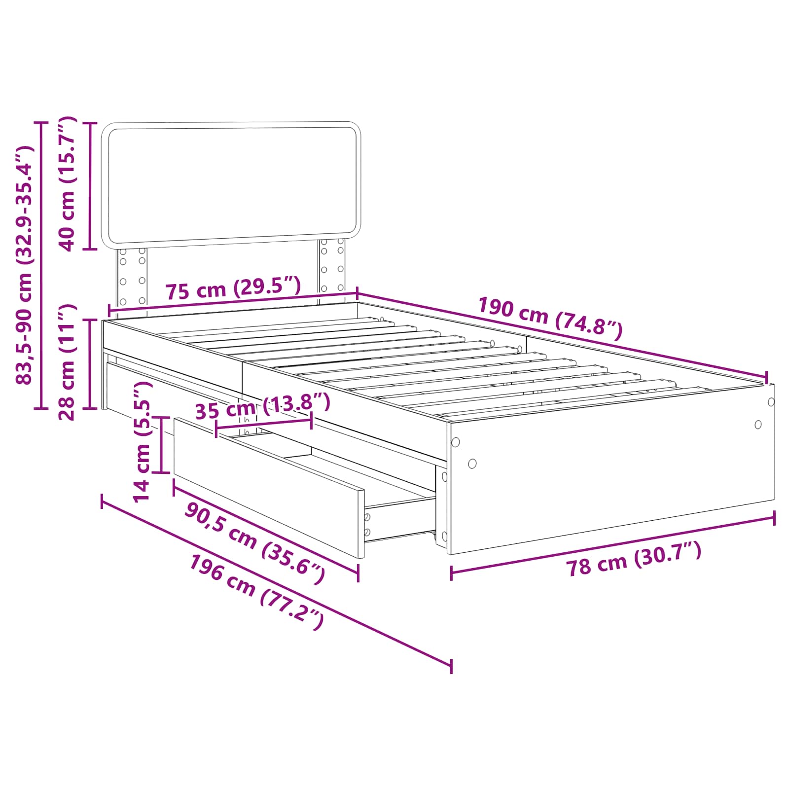 Krevet s od storage Betonski sivi 70 x 190 cm Konstruirano drvo