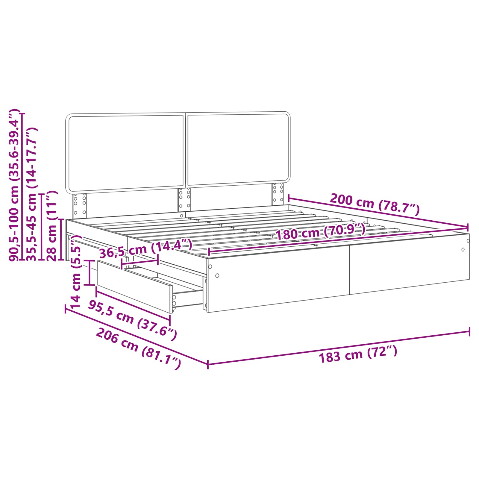 Krevet s od storage s uzglavljem Dimljeni hrast 180 x 200 cm
