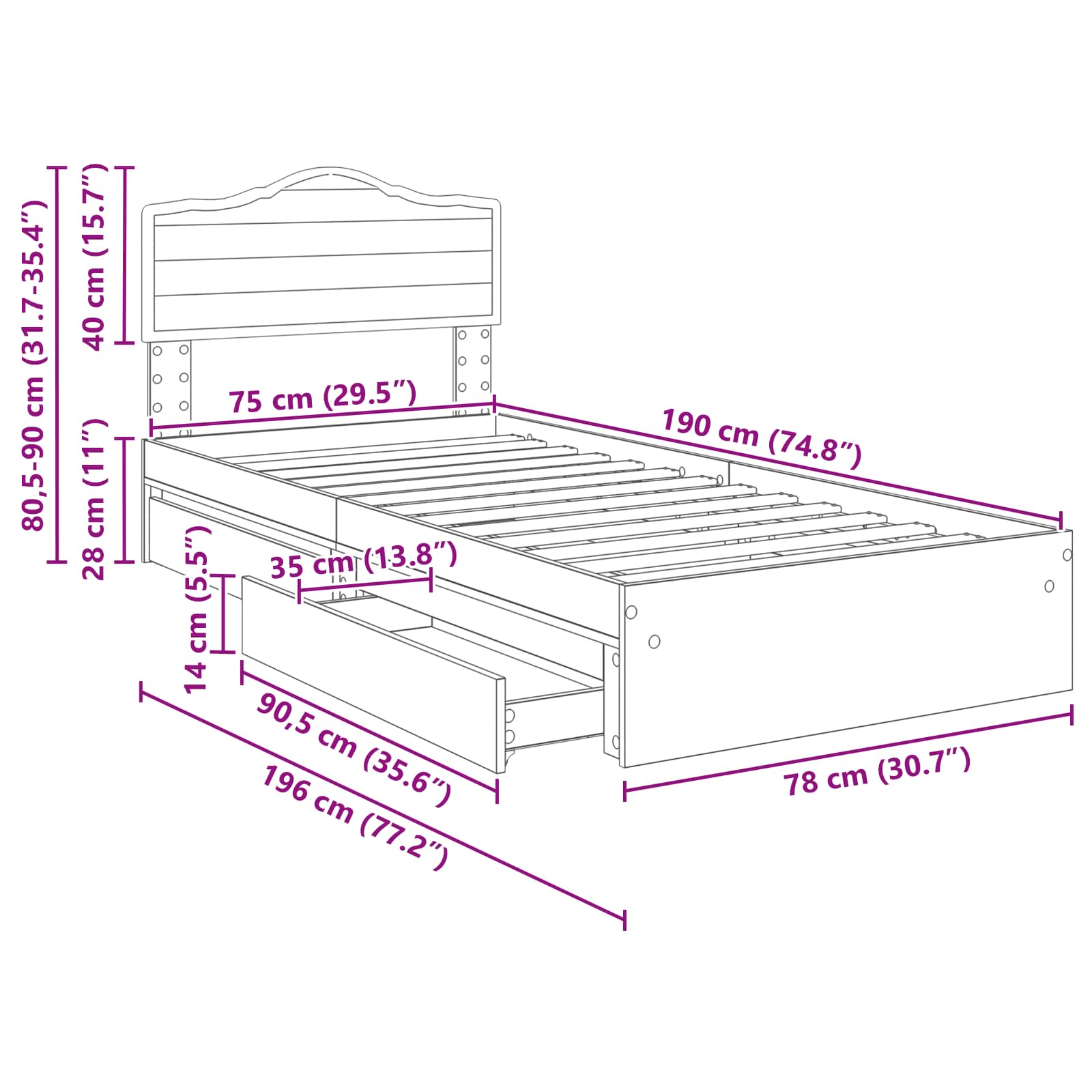 Krevet s od storage Betonski sivi 70 x 190 cm Konstruirano drvo