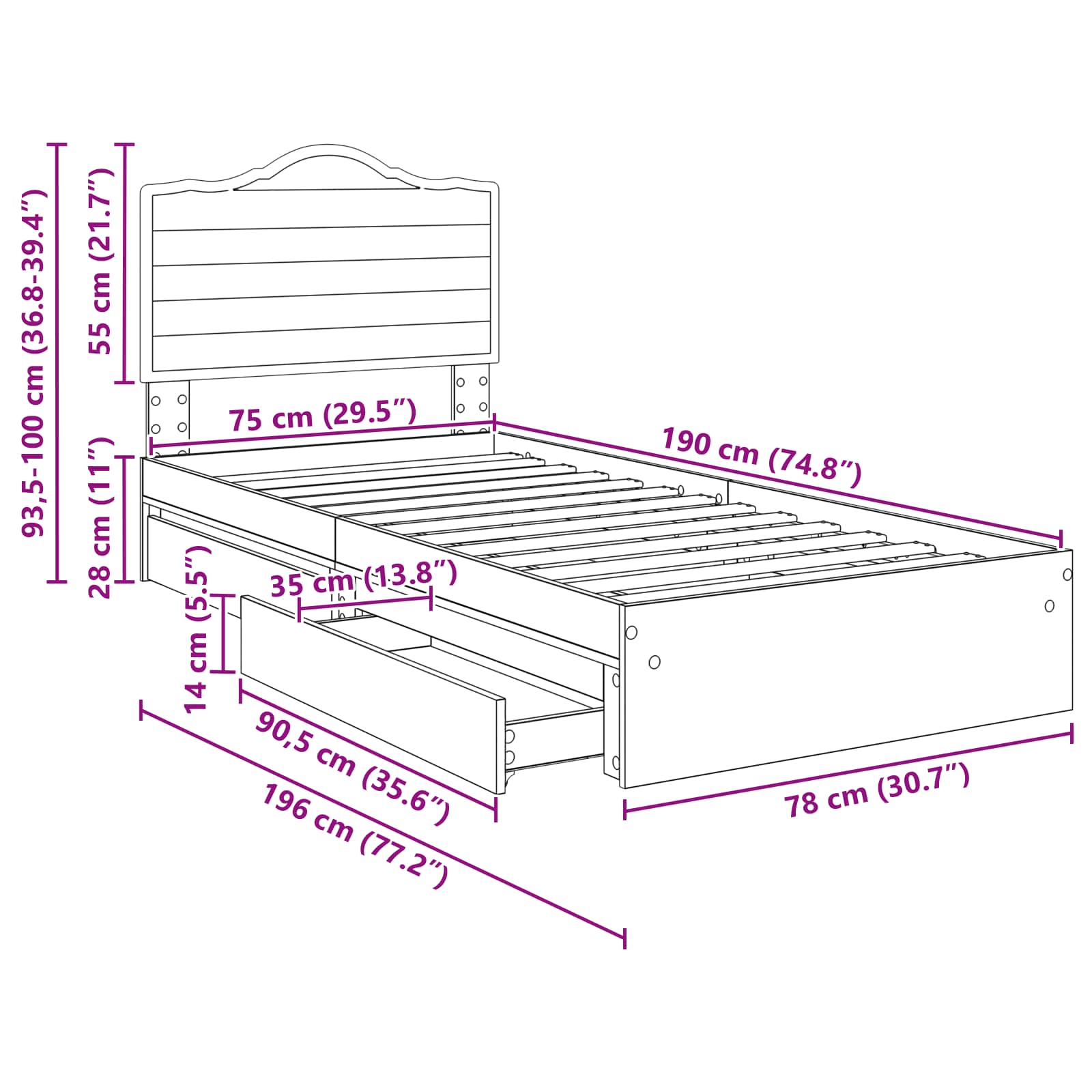 Krevet s od storage Betonski sivi 70 x 190 cm Konstruirano drvo