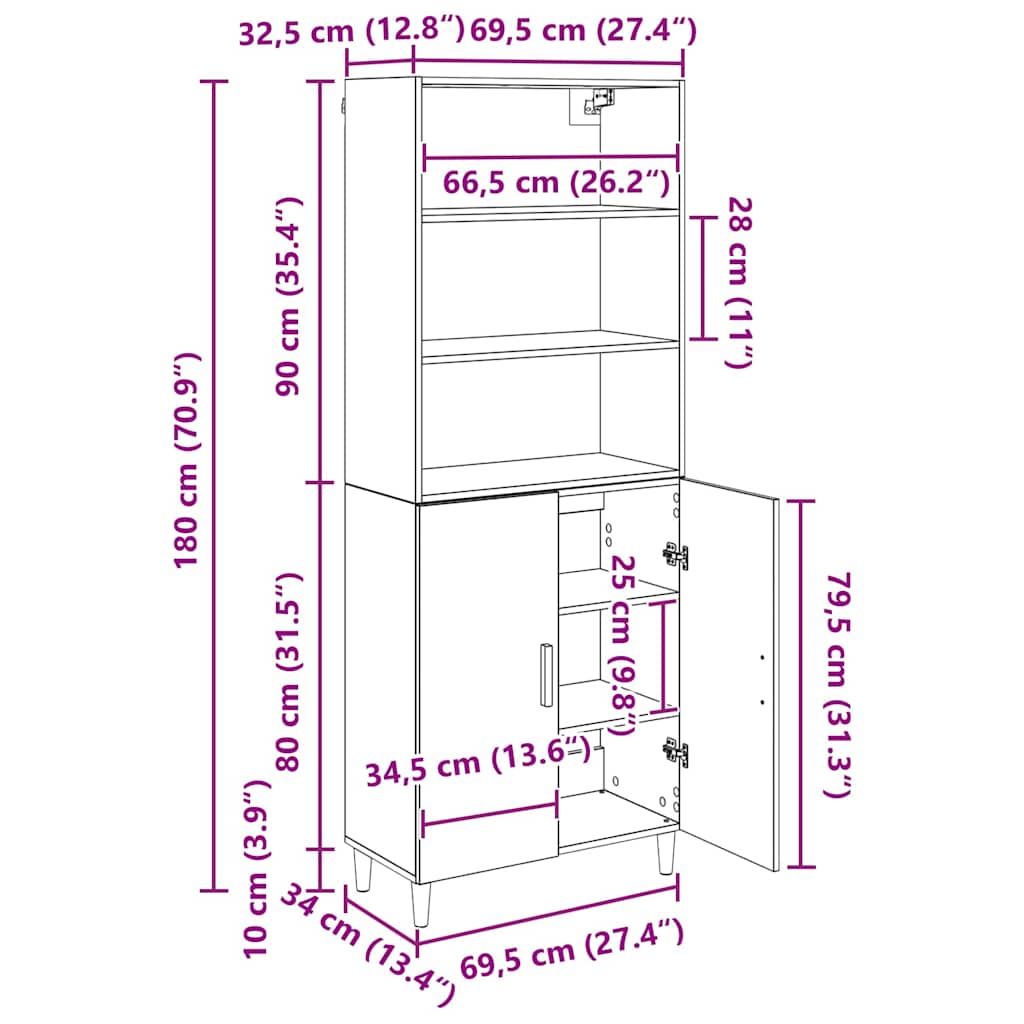 Highboard Staro drvo 69,5 x 32,5 x 180 cm Konstruirano drvo