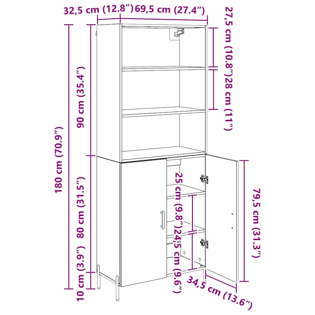 Highboard Staro drvo 69,5 x 32,5 x 180 cm Konstruirano drvo