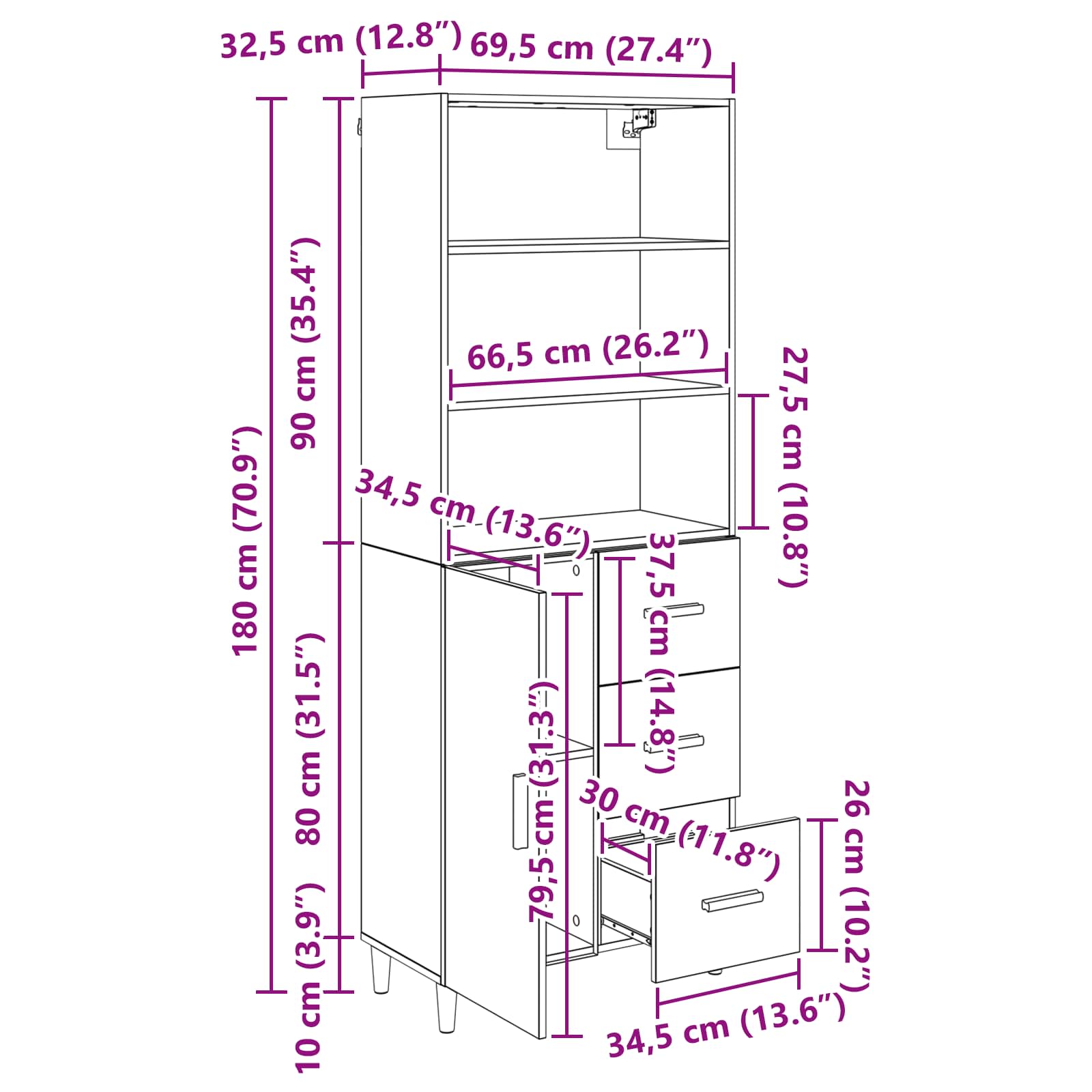 Highboard Staro drvo 69,5 x 32,5 x 180 cm Konstruirano drvo