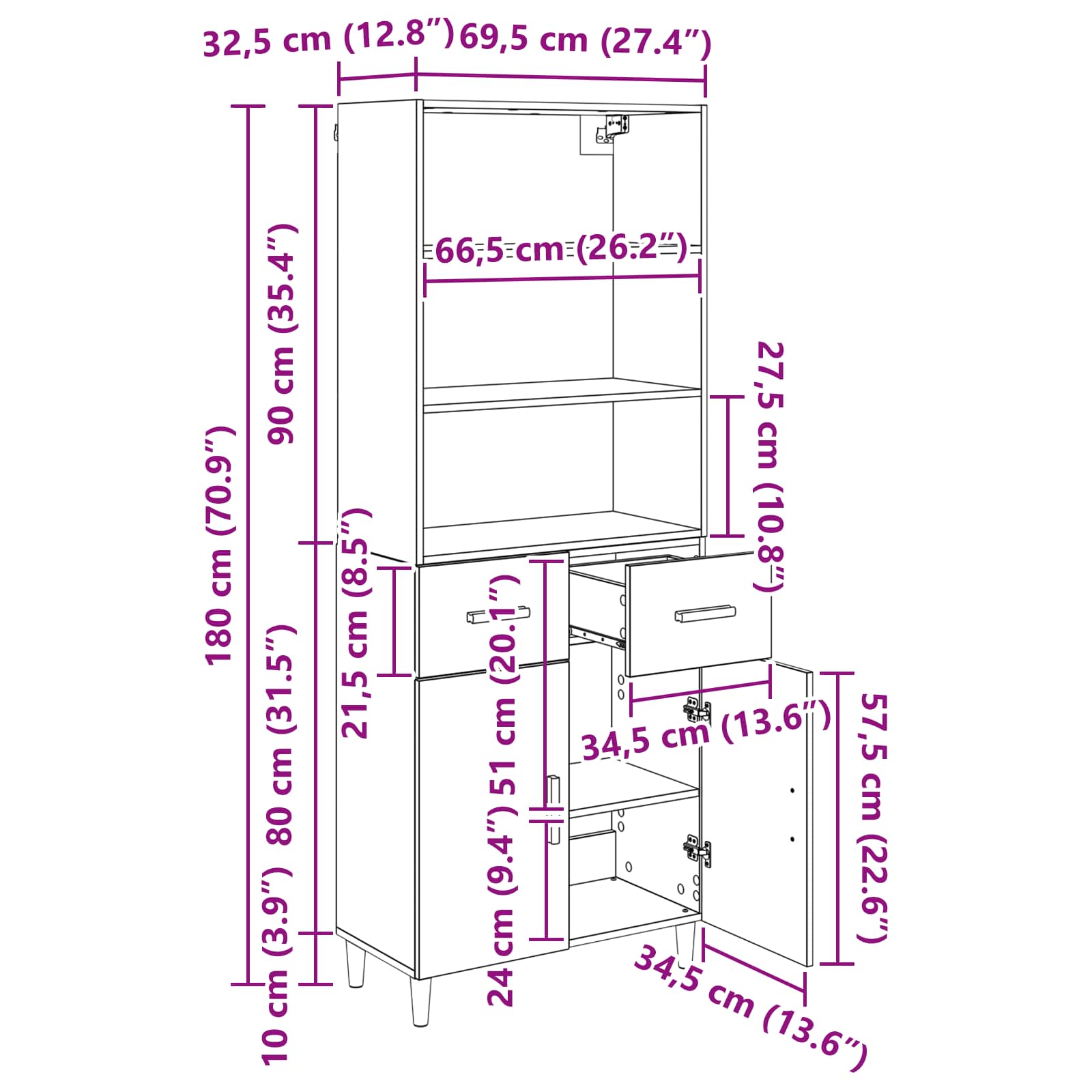 Highboard Staro drvo 69,5 x 32,5 x 180 cm Konstruirano drvo