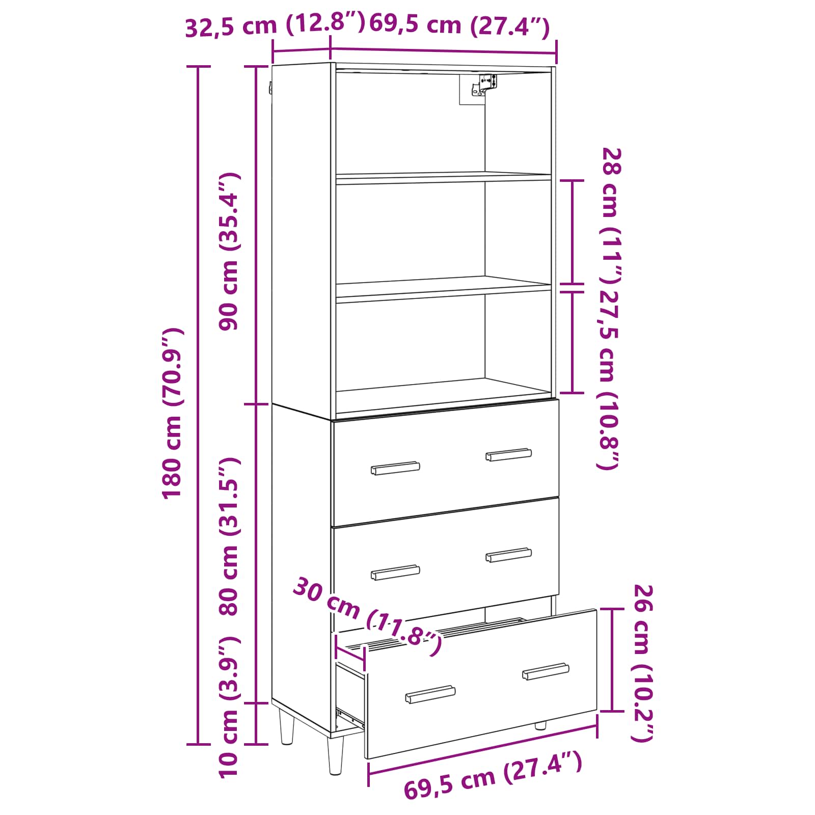 Highboard Staro drvo 69,5 x 32,5 x 180 cm Konstruirano drvo