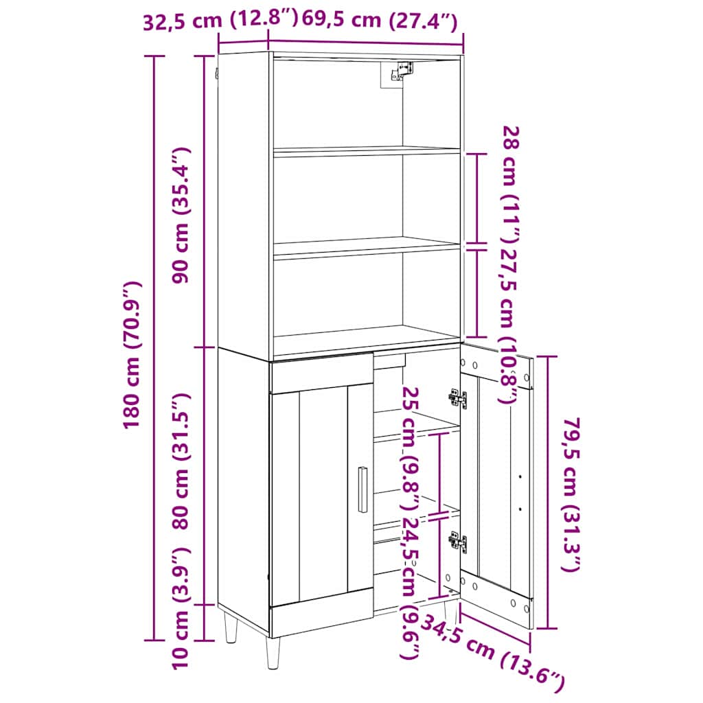 Highboard Staro drvo 69,5 x 32,5 x 180 cm Konstruirano drvo