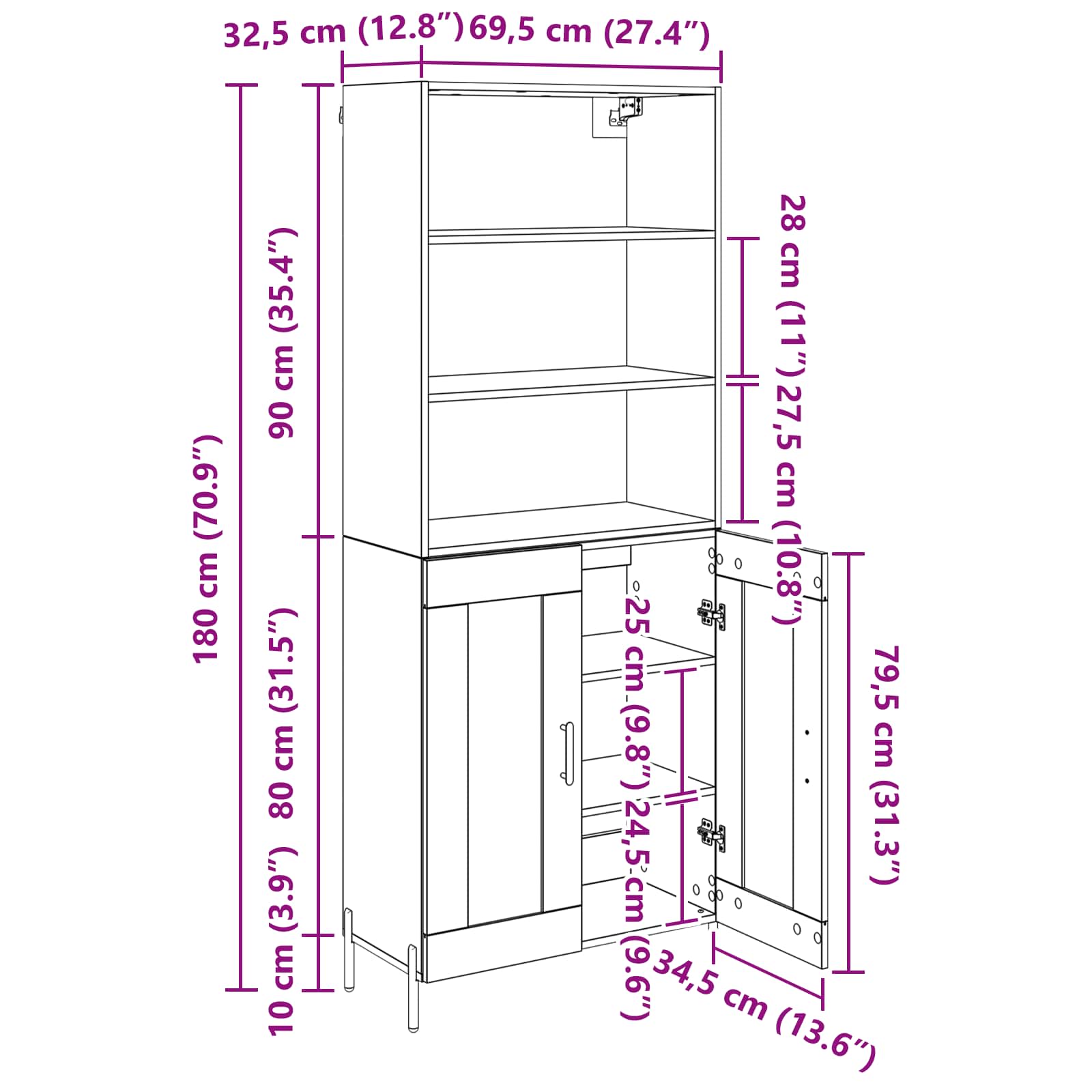 Highboard Staro drvo 69,5 x 32,5 x 180 cm Konstruirano drvo