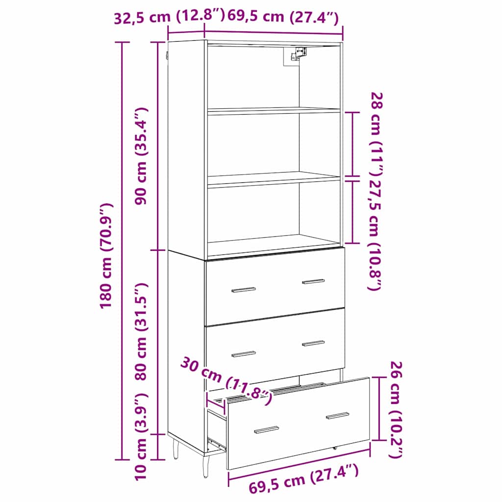 Highboard s ladicama Umjetnički hrast 69,5 x 34 x 180 cm