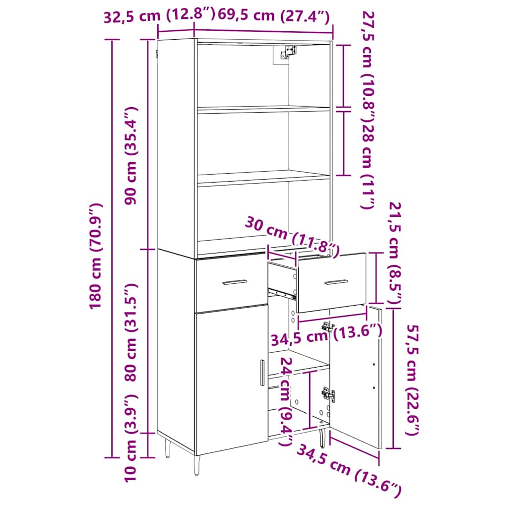 Highboard s ladicama Umjetnički hrast 69,5 x 34 x 180 cm