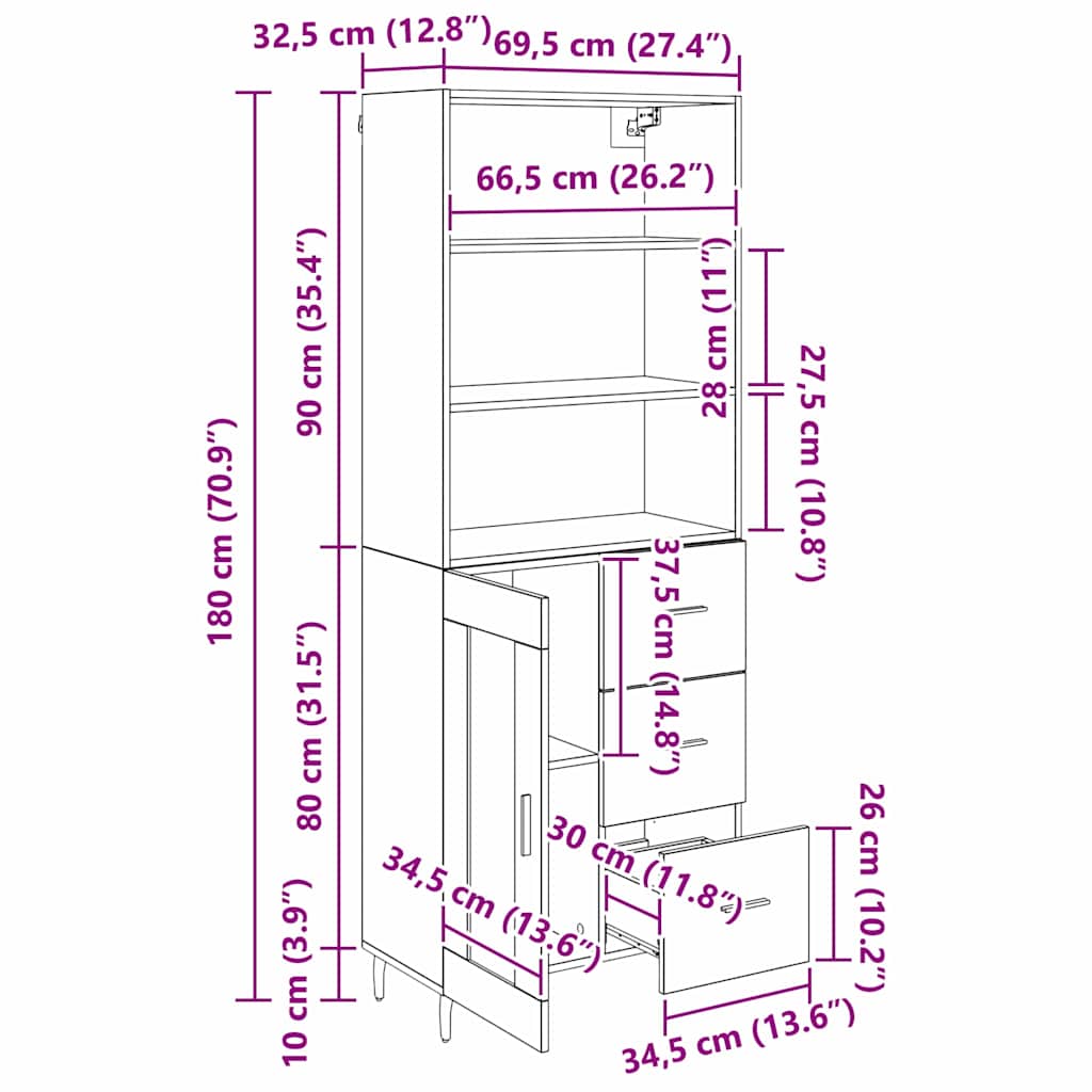 Highboard s ladicama Umjetnički hrast 69,5 x 34 x 180 cm