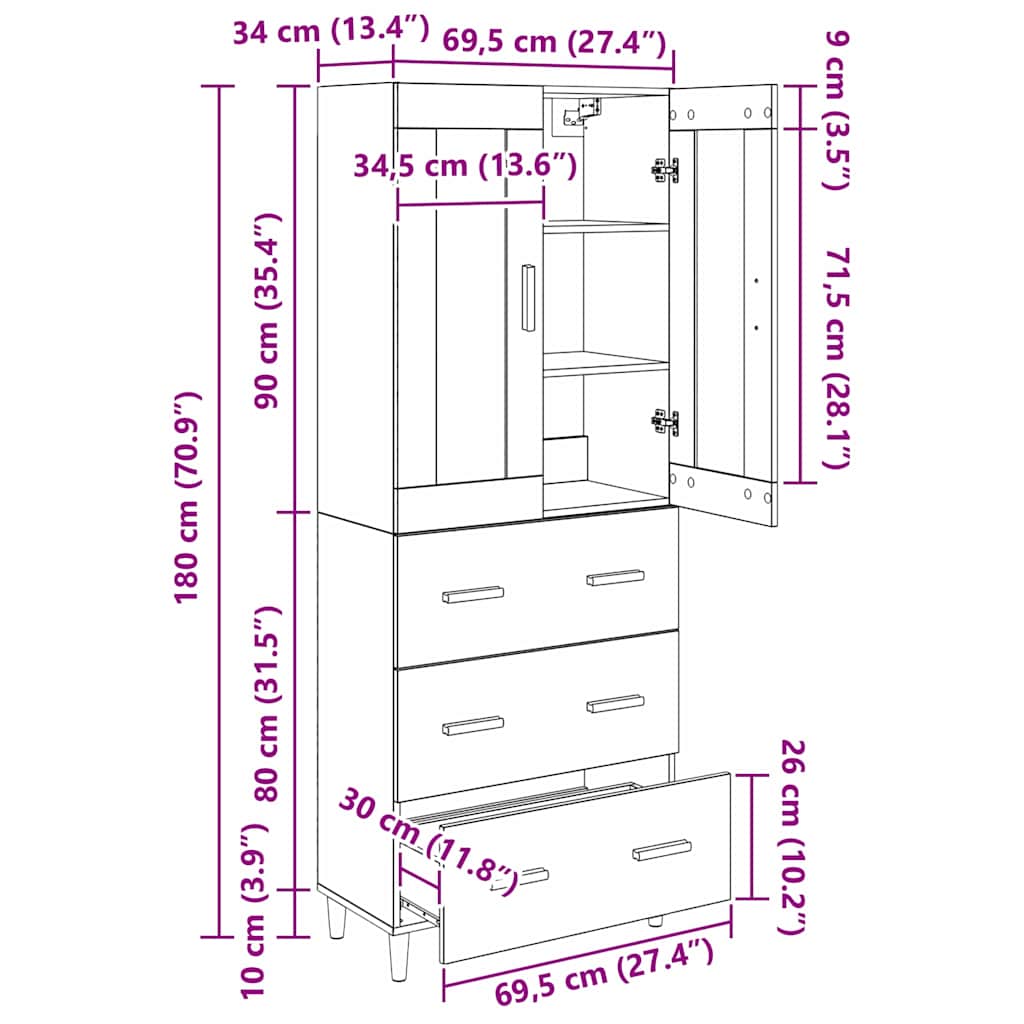 Highboard s ladicama Umjetnički hrast 69,5 x 34 x 180 cm