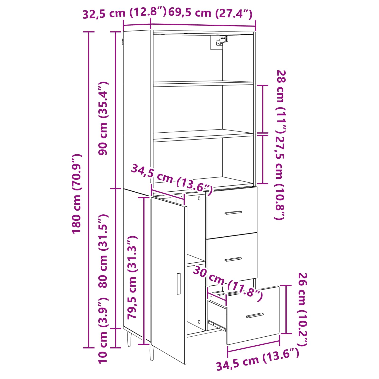 Highboard s ladicama Umjetnički hrast 69,5 x 34 x 180 cm