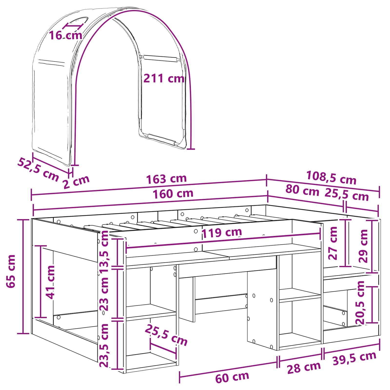 Krevet s Tunnels 4 pcs Bijela i crna Konstruirano drvo