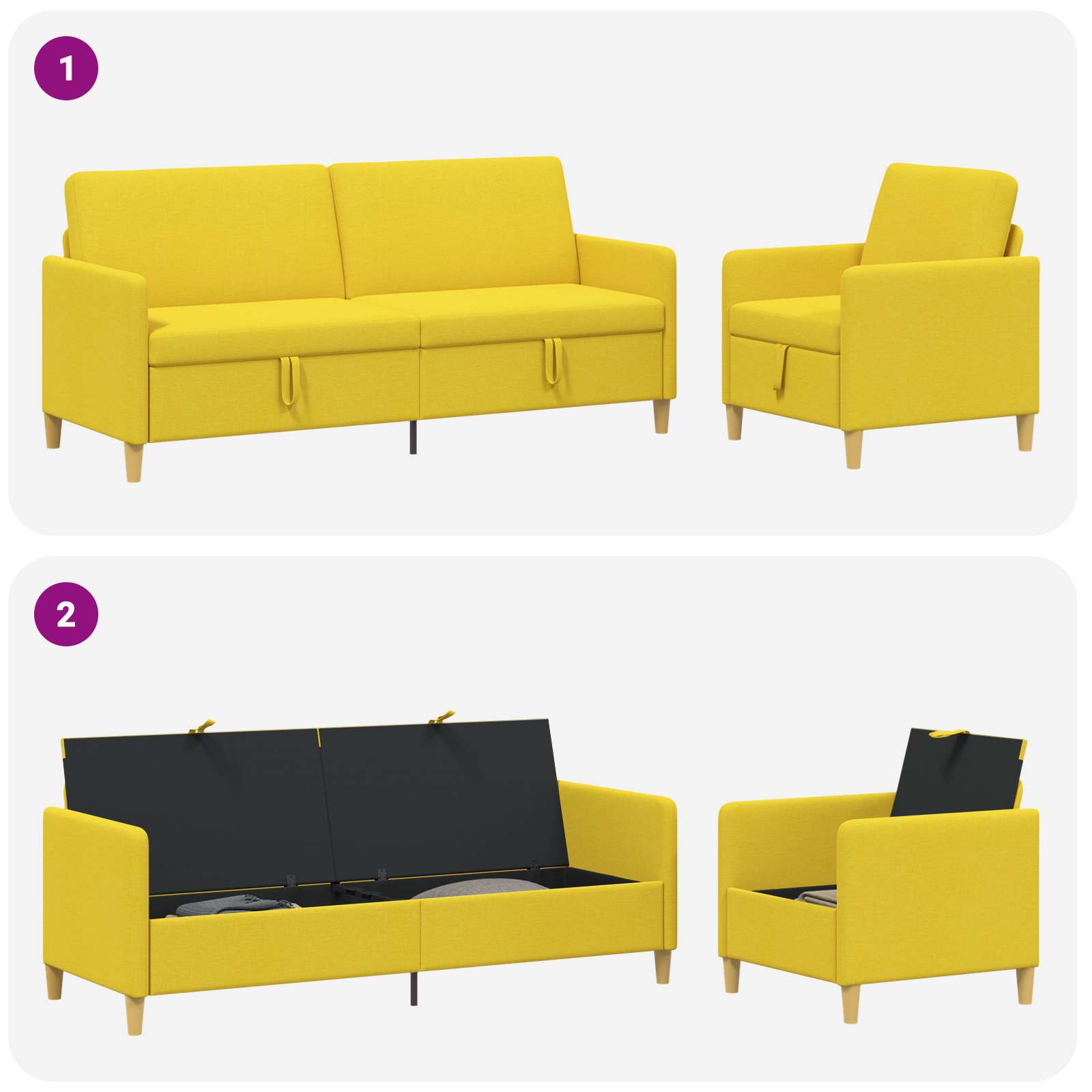 Set sofe s pohranom 2 pcs Svijetlo žuta Poliester