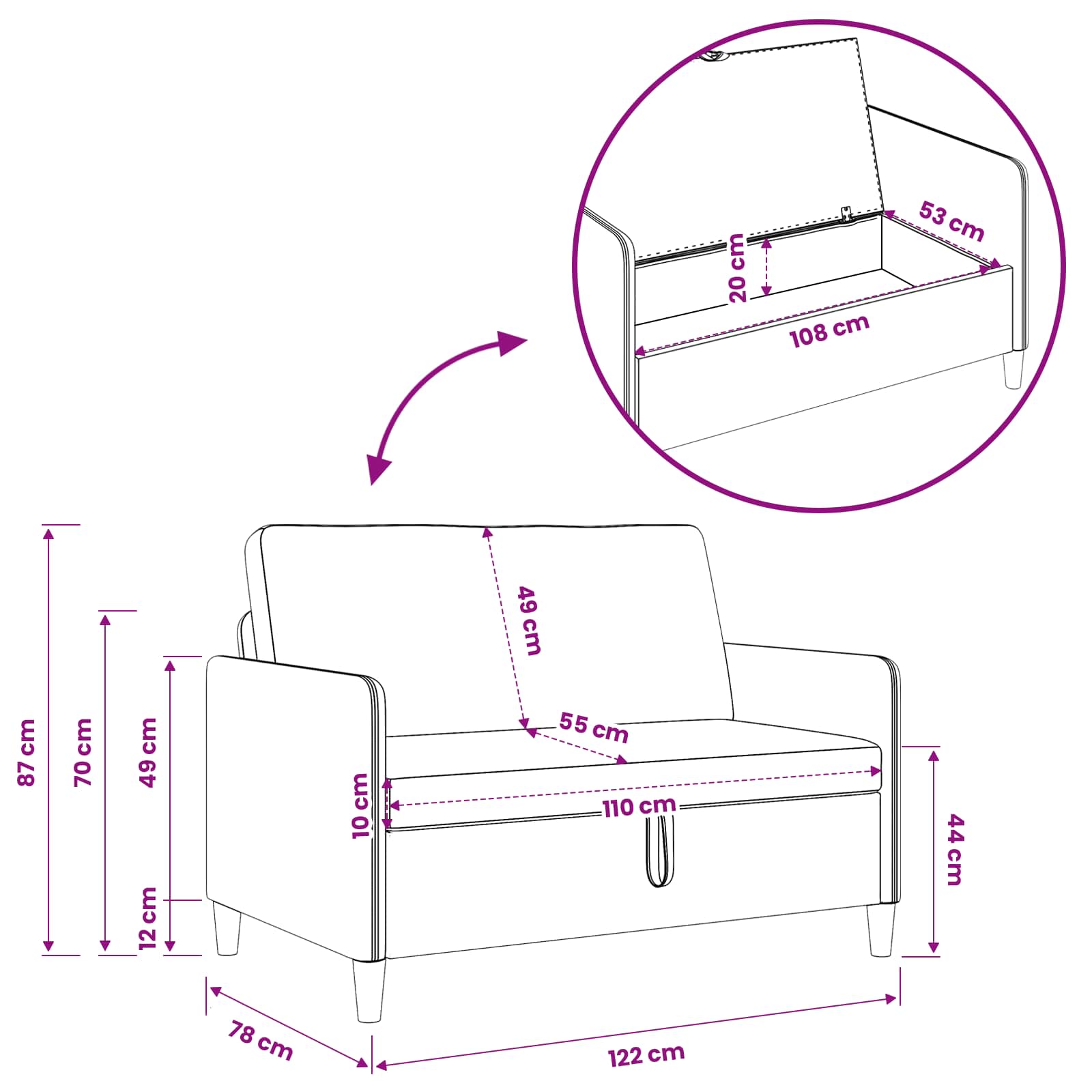Sofa s pohranom Bijela 122 x 78 x 87 cm Poliester