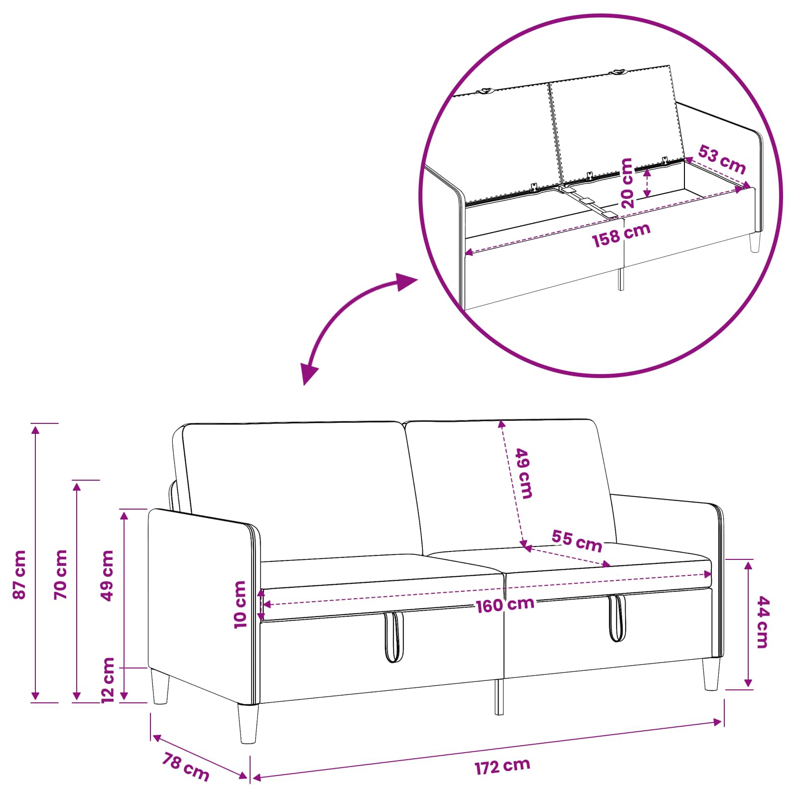 Sofa s pohranom Svjetlosiva 172 x 78 x 87 cm Poliester