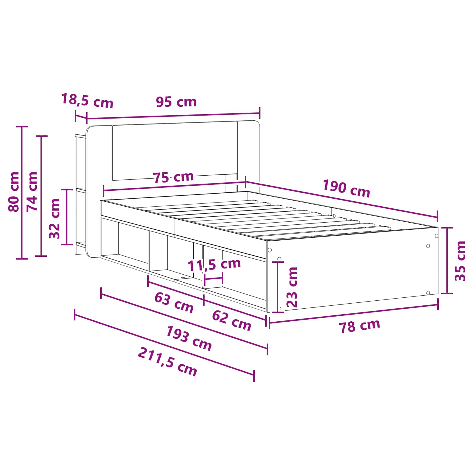 Okvir kreveta s pohranom s uzglavljem Siva Sonoma 75 x 190 cm