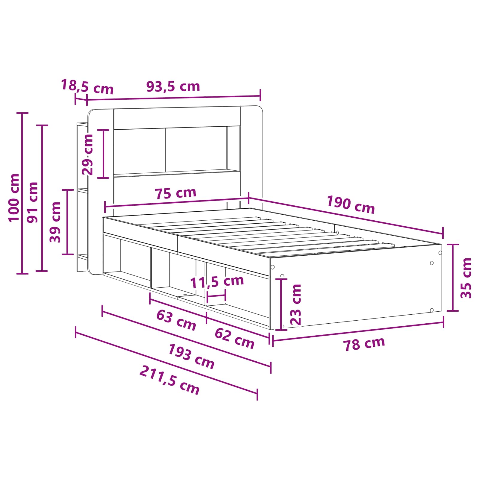 Okvir kreveta s pohranom s uzglavljem Siva Sonoma 75 x 190 cm