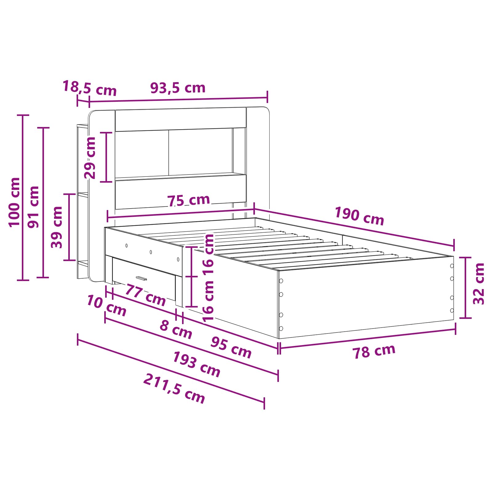 Okvir kreveta s pohranom s uzglavljem Siva Sonoma 75 x 190 cm