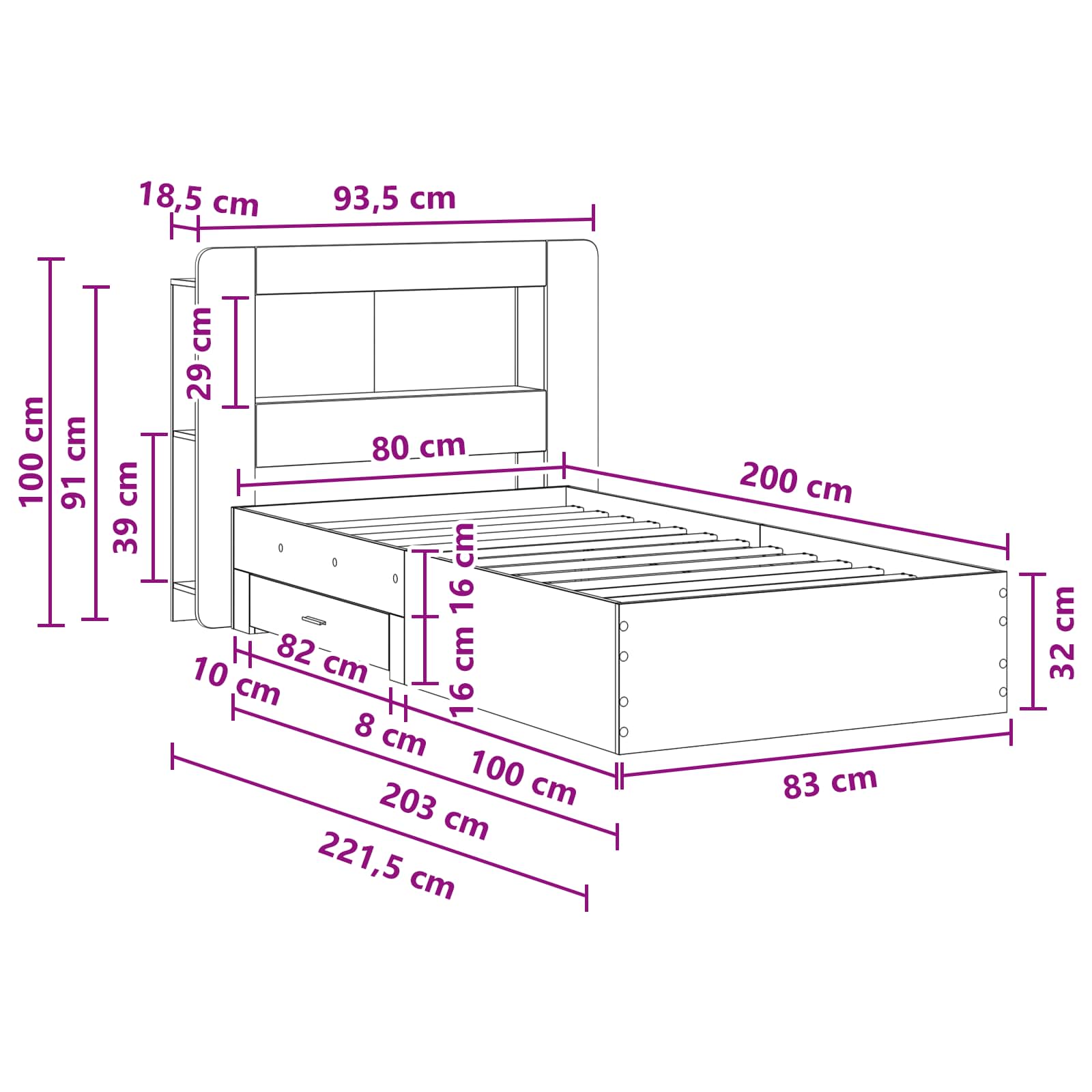 Okvir kreveta s pohranom Dimljeni hrast 80 x 200 cm