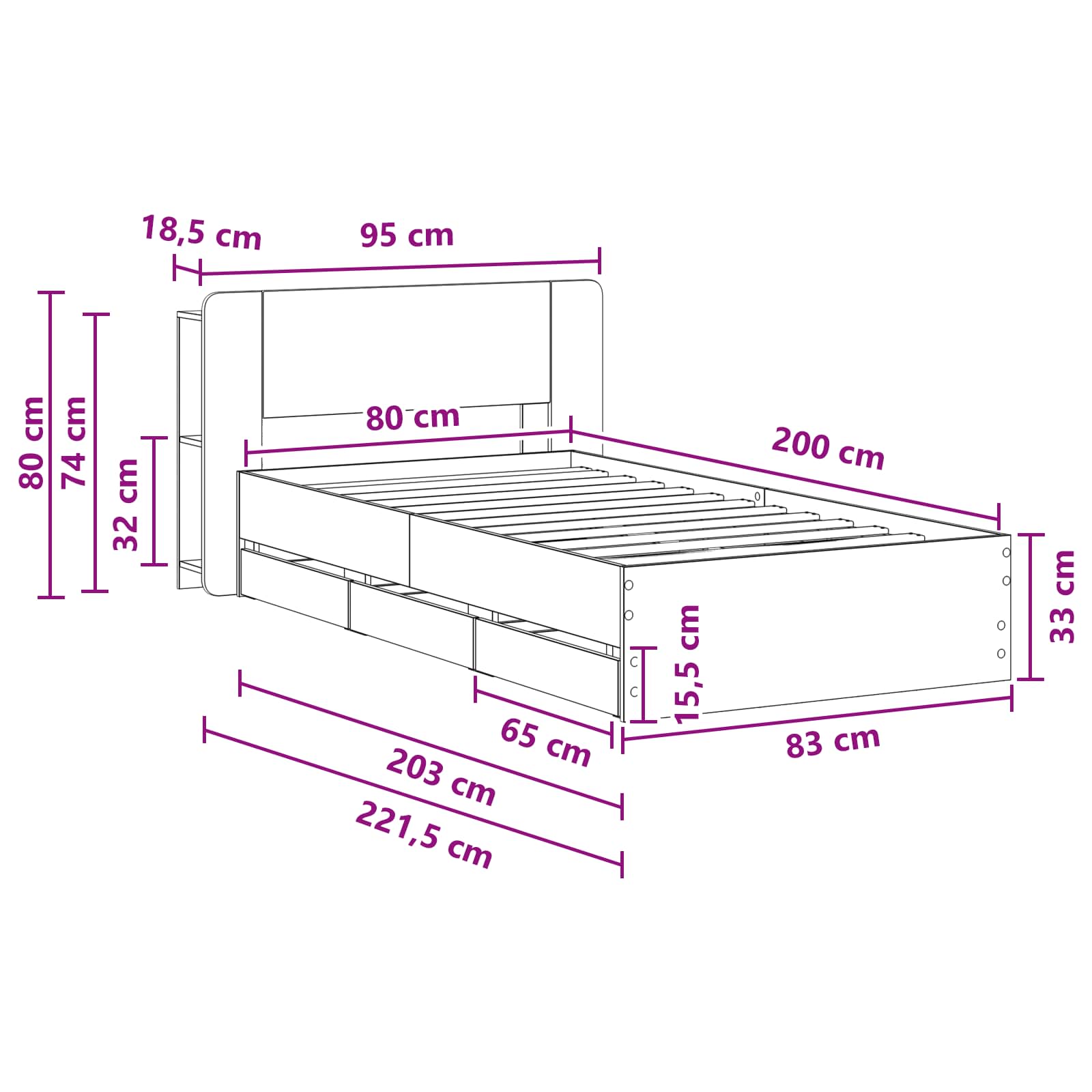 Okvir kreveta s pohranom Dimljeni hrast 80 x 200 cm