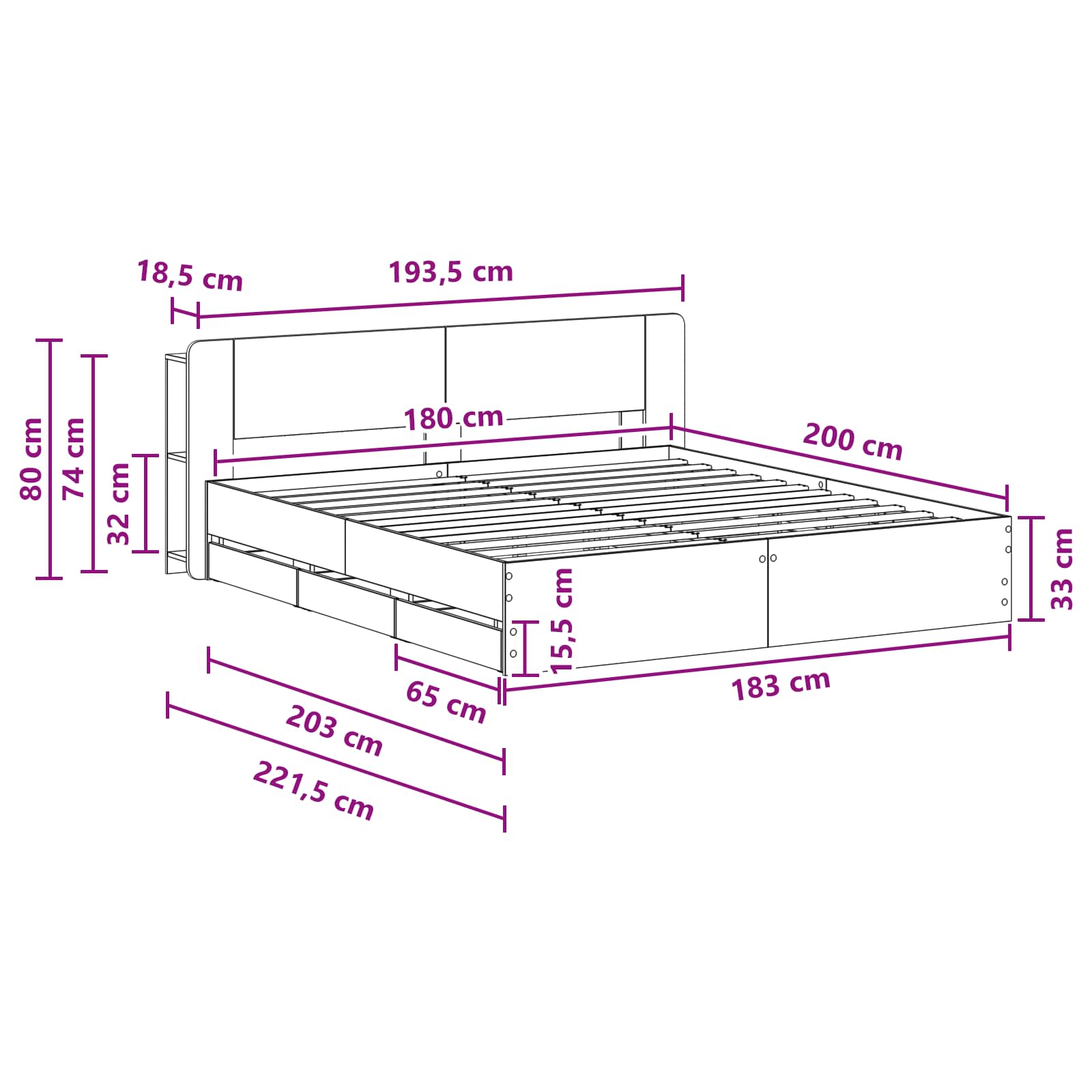 Okvir kreveta s pohranom Crna 180 x 200 cm Konstruirano drvo
