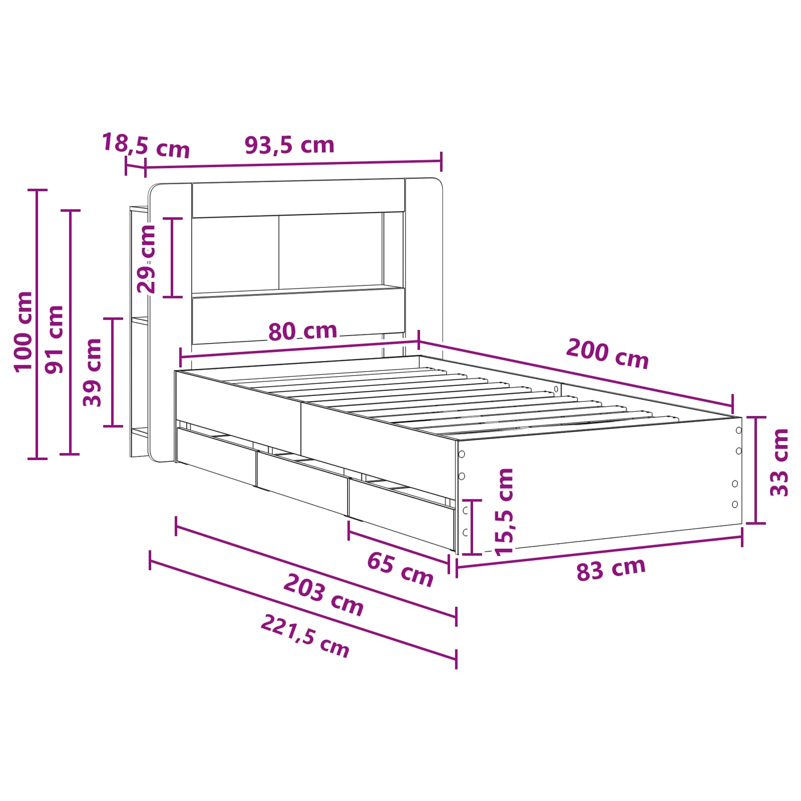 Okvir kreveta s pohranom Dimljeni hrast 80 x 200 cm