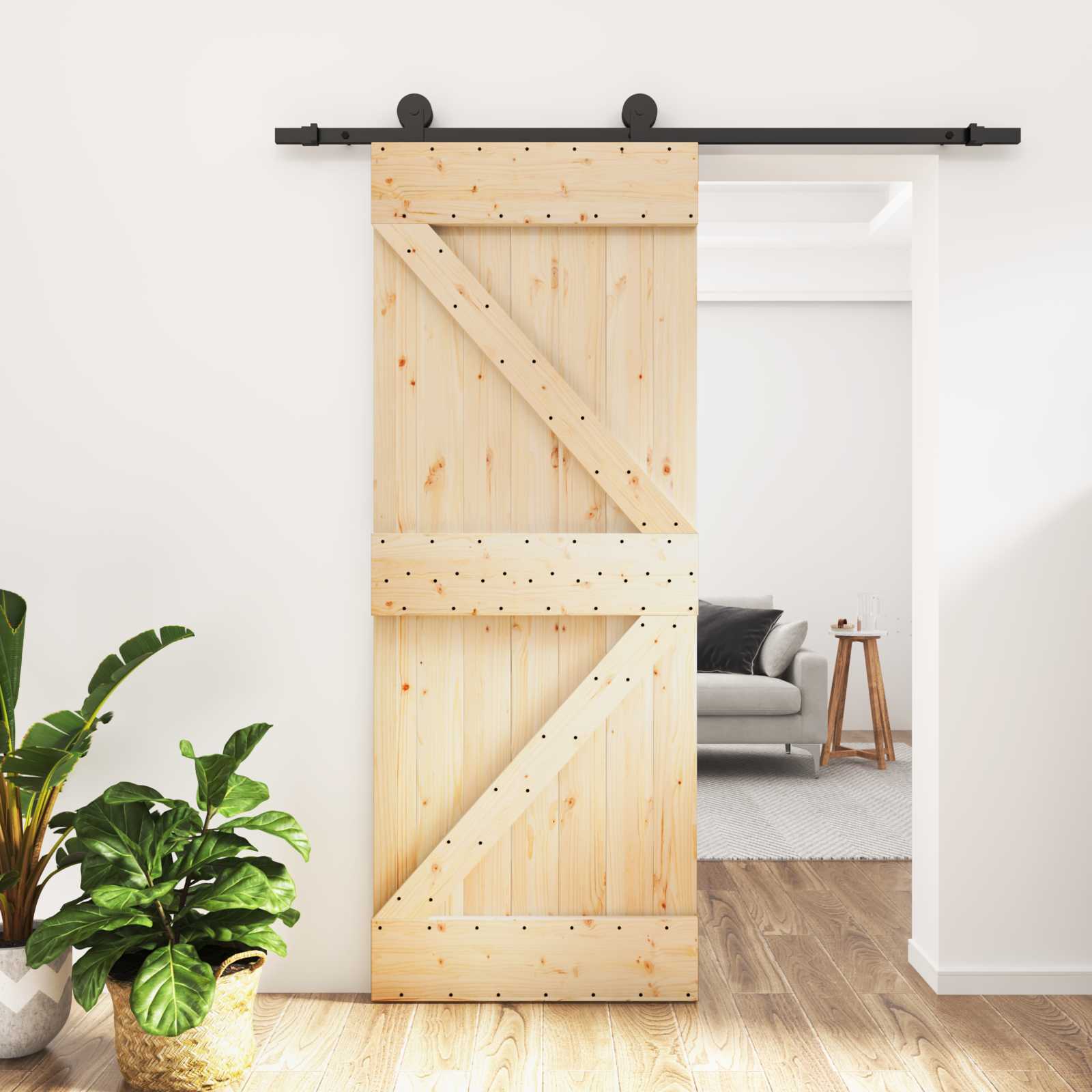 Klizna vrata Prirodna i crna 85 x 210 cm Čvrsta borovina